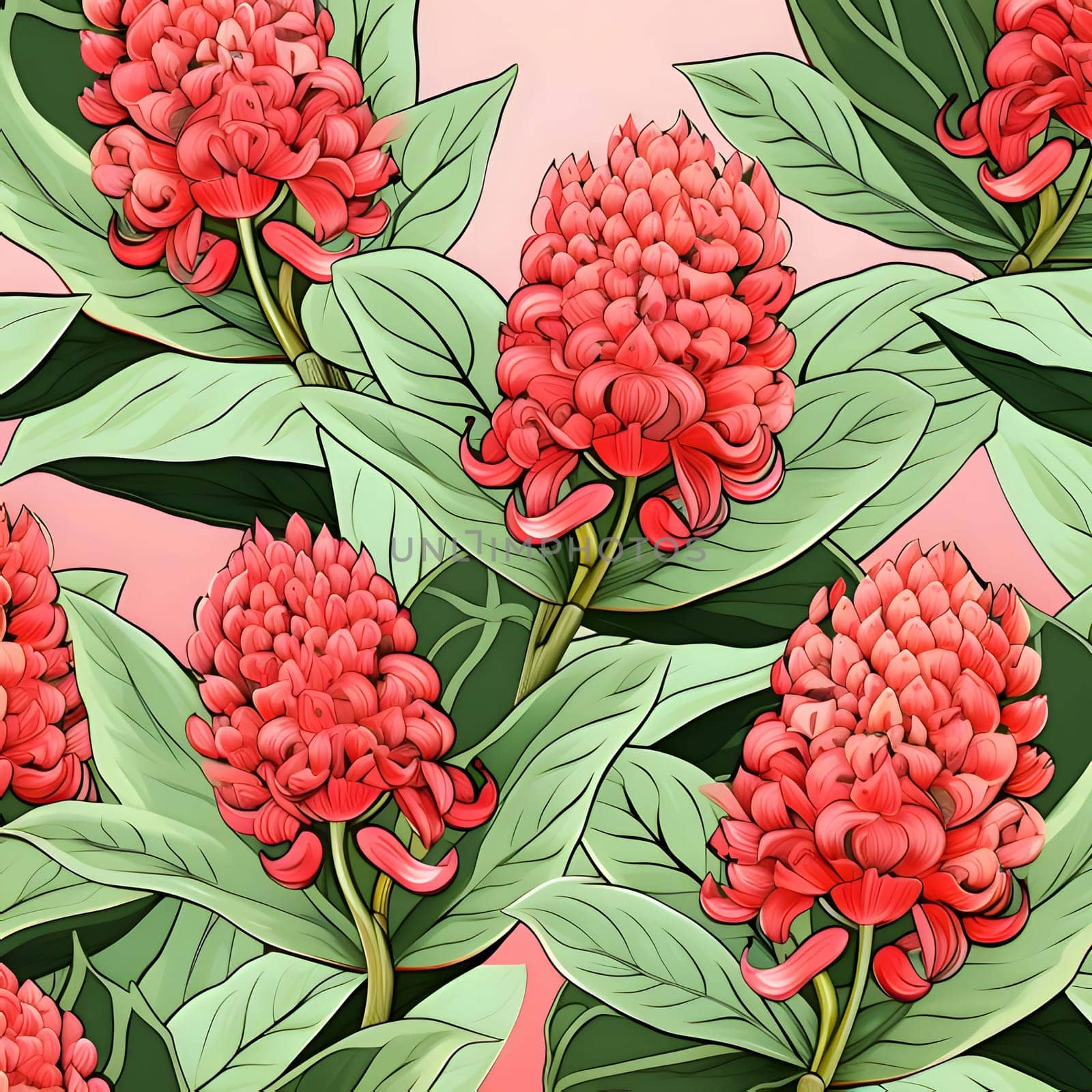 Seamless pattern with red flowers and green leaves. Vector illustration. by ThemesS