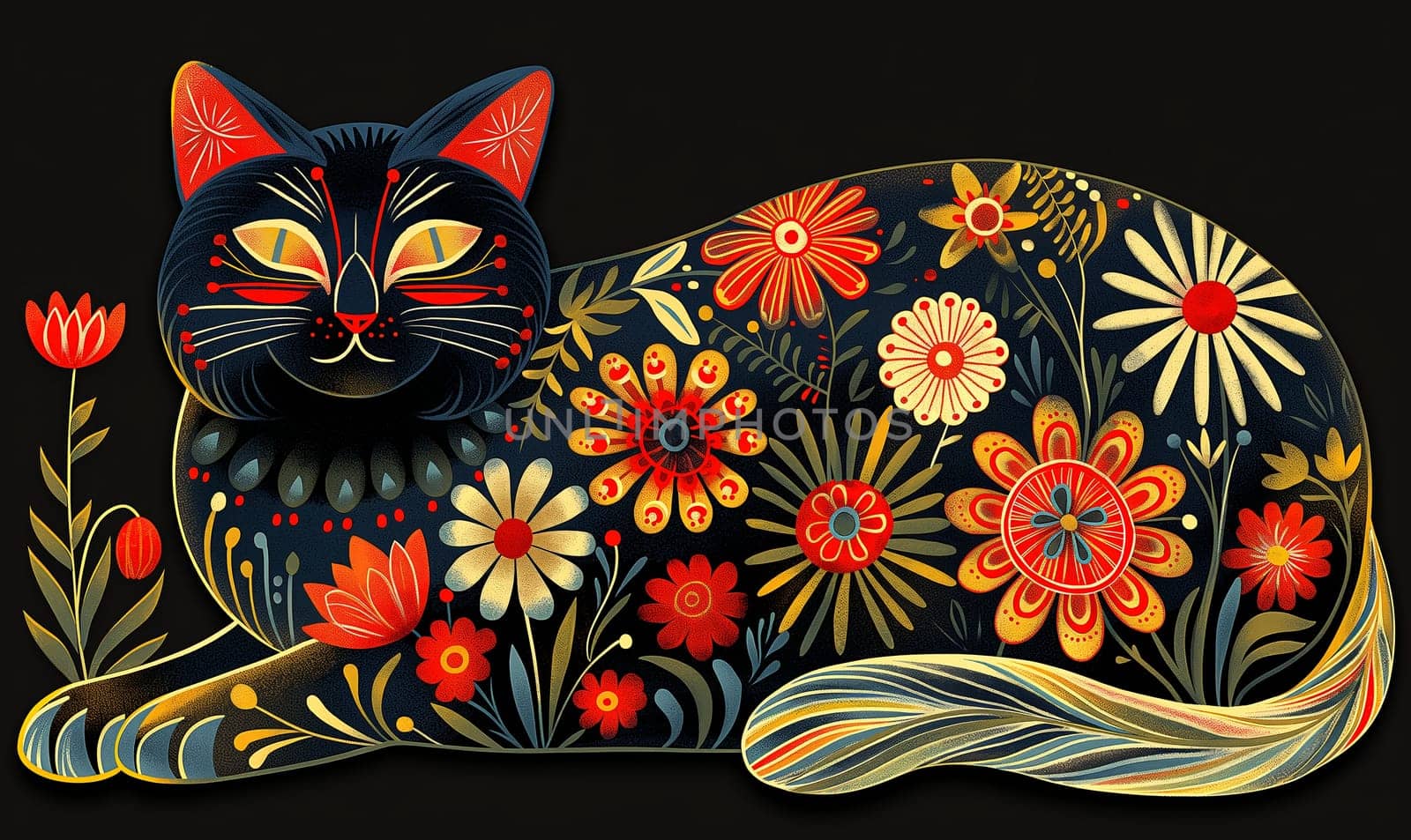 Illustration of a cat in flowers on a dark background. Selective focus.