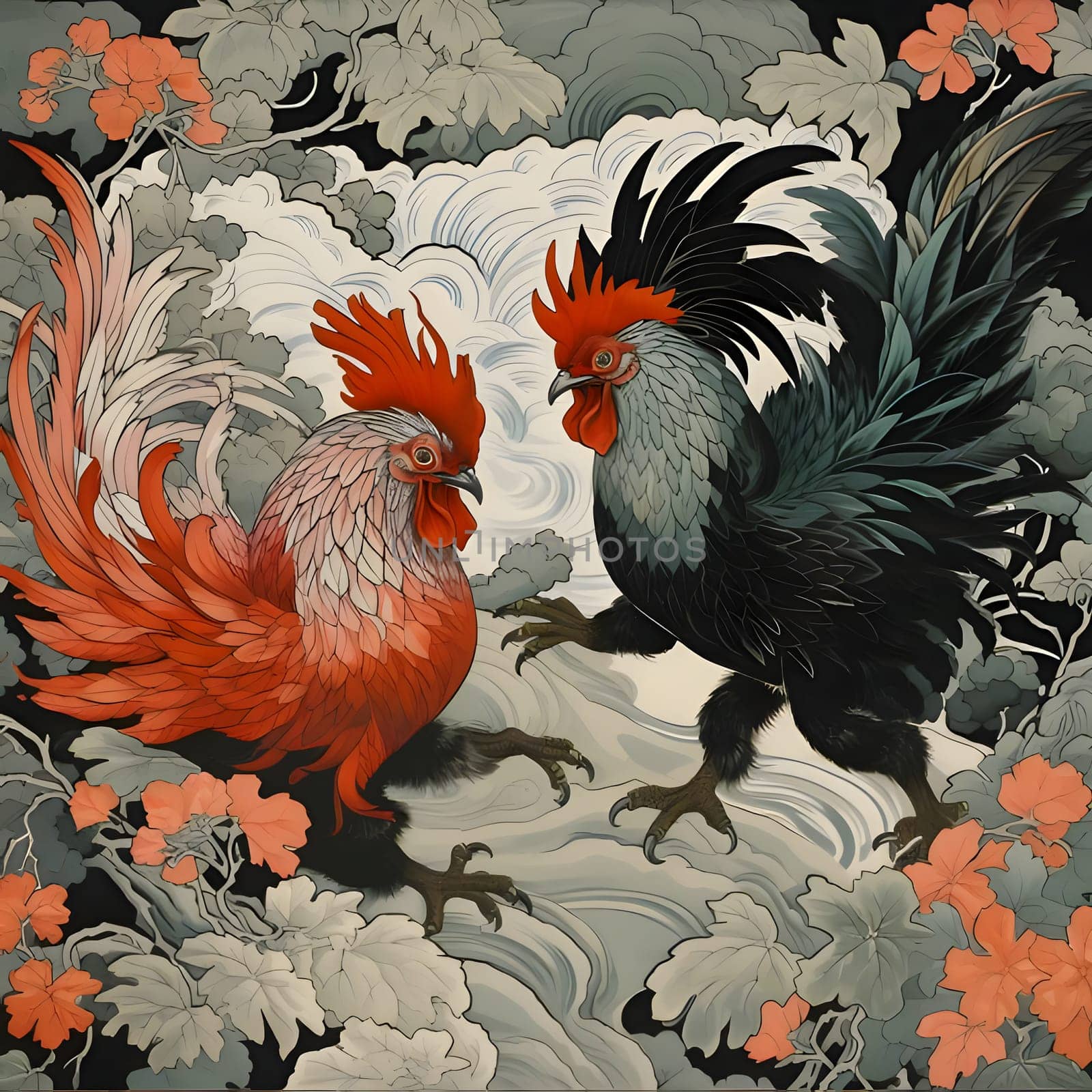 Patterns and banners backgrounds: Illustration of rooster and rooster in a floral background.