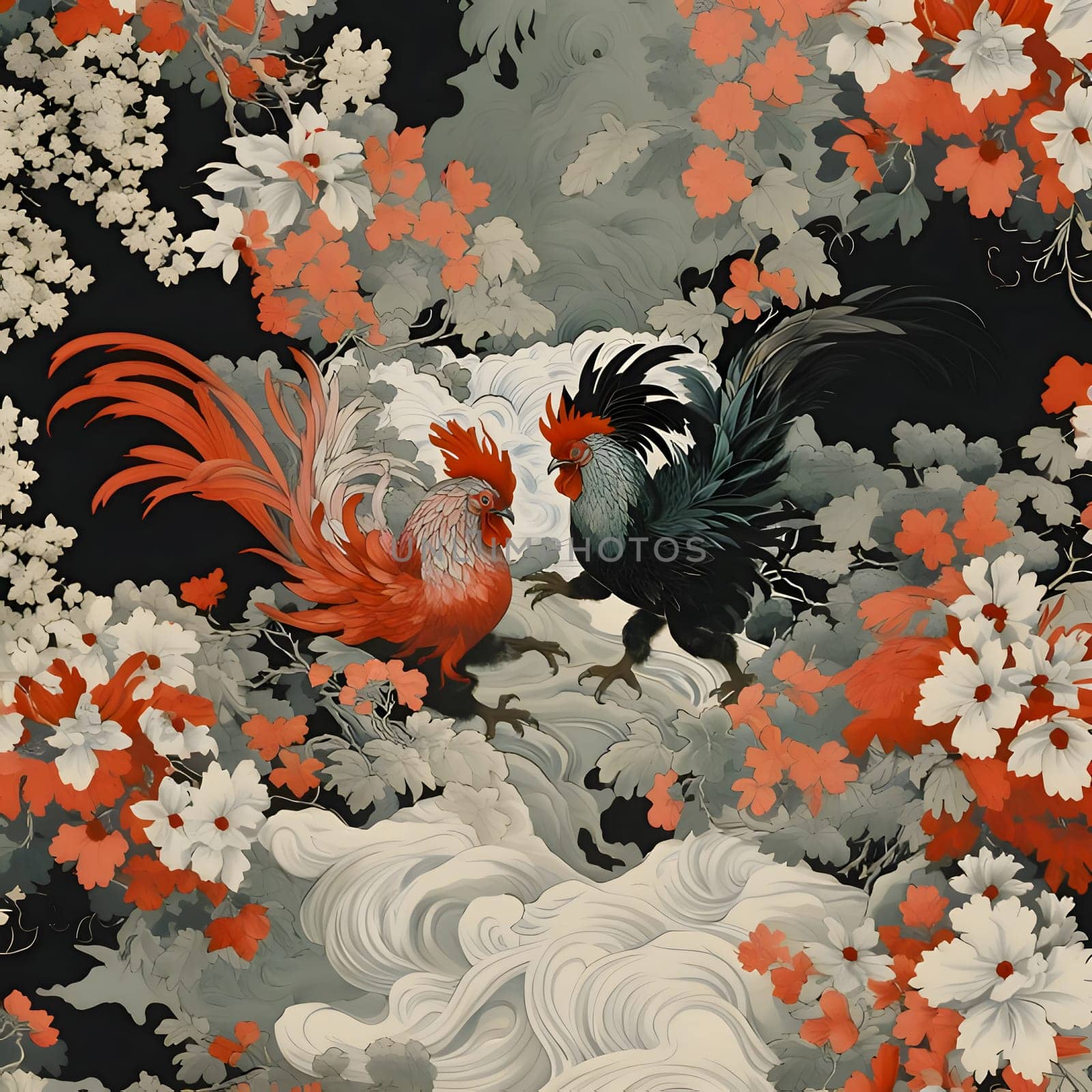 Patterns and banners backgrounds: Seamless pattern with roosters in the style of Chinese painting.