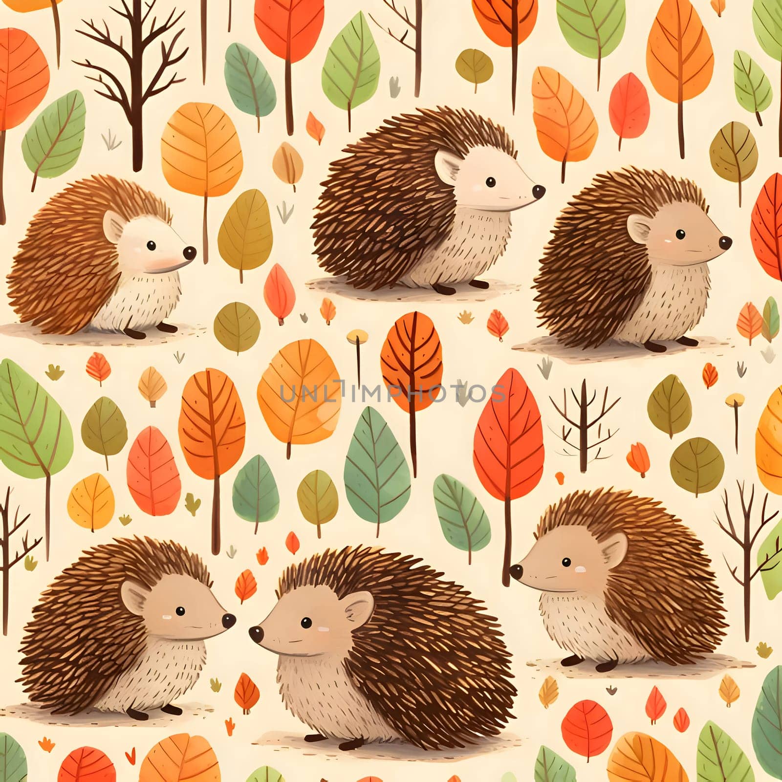 Seamless pattern with cute hedgehogs and autumn leaves. by ThemesS