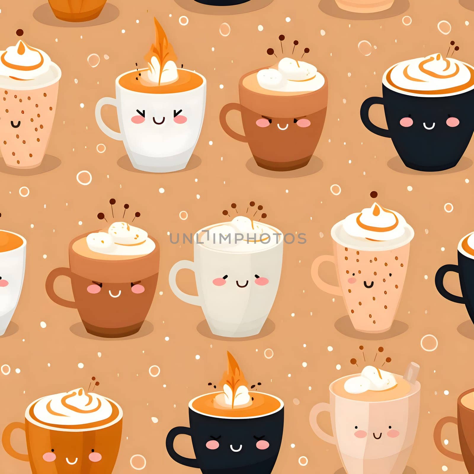 Coffee seamless pattern. Cute cartoon characters. Vector illustration. by ThemesS