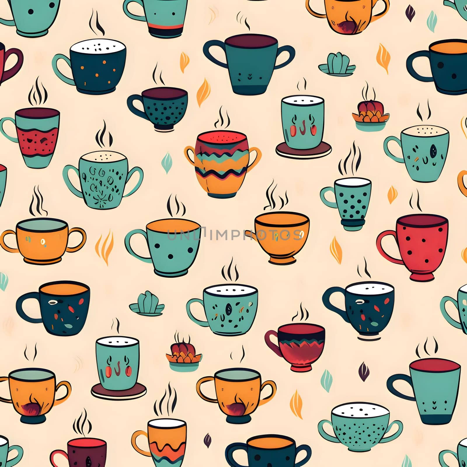 Seamless pattern with colorful cups of coffee. Vector illustration. by ThemesS