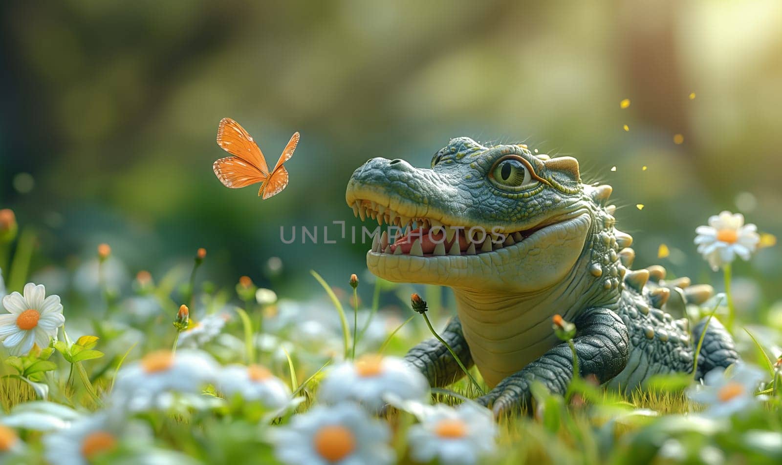 Children's illustration, a crocodile catches butterflies. by Fischeron