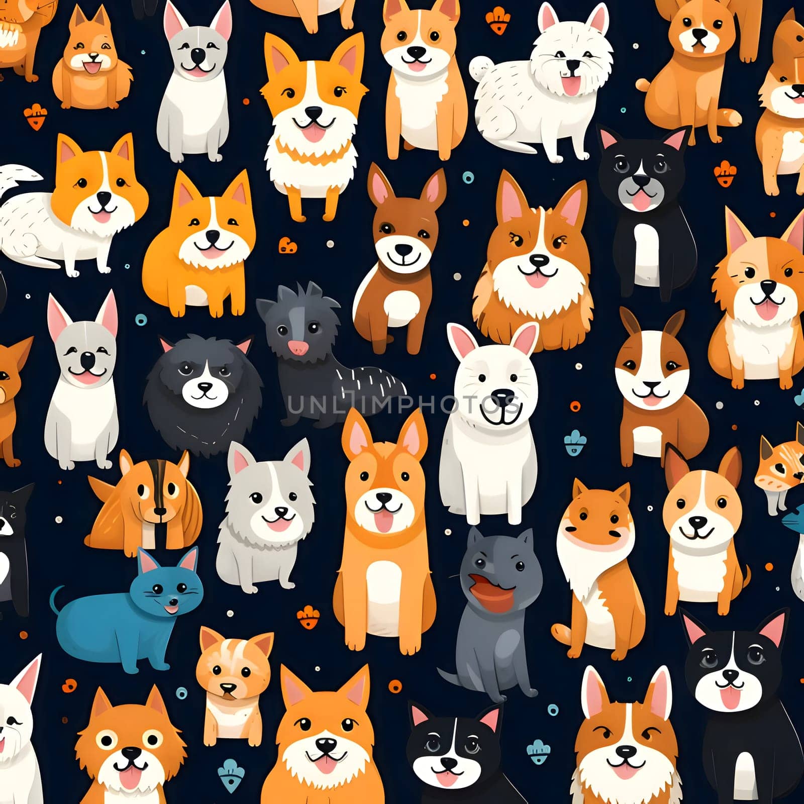 Seamless pattern with cute cartoon dogs on dark background. Vector illustration. by ThemesS