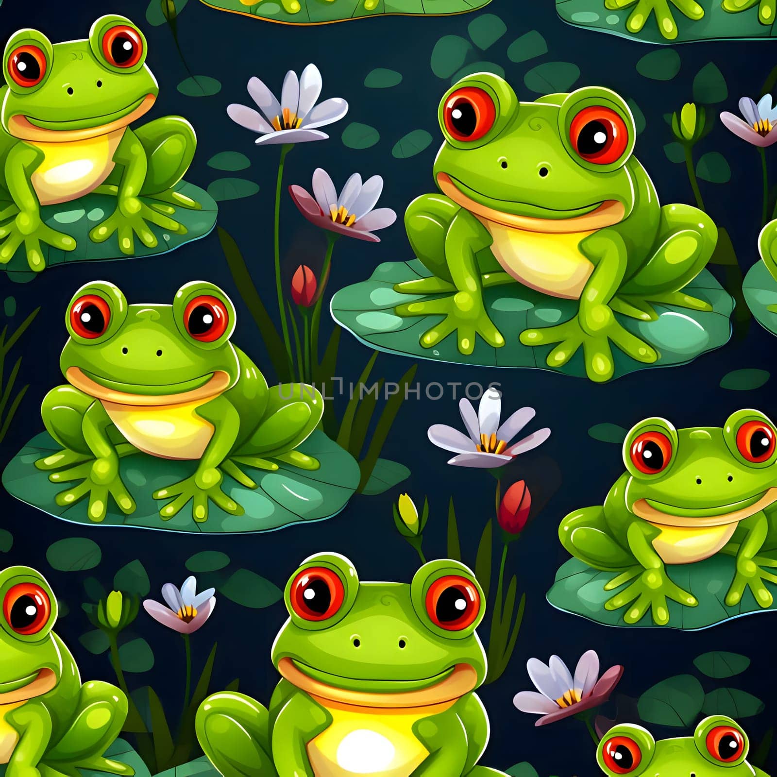 Patterns and banners backgrounds: Seamless pattern with frogs and water lilies on dark background