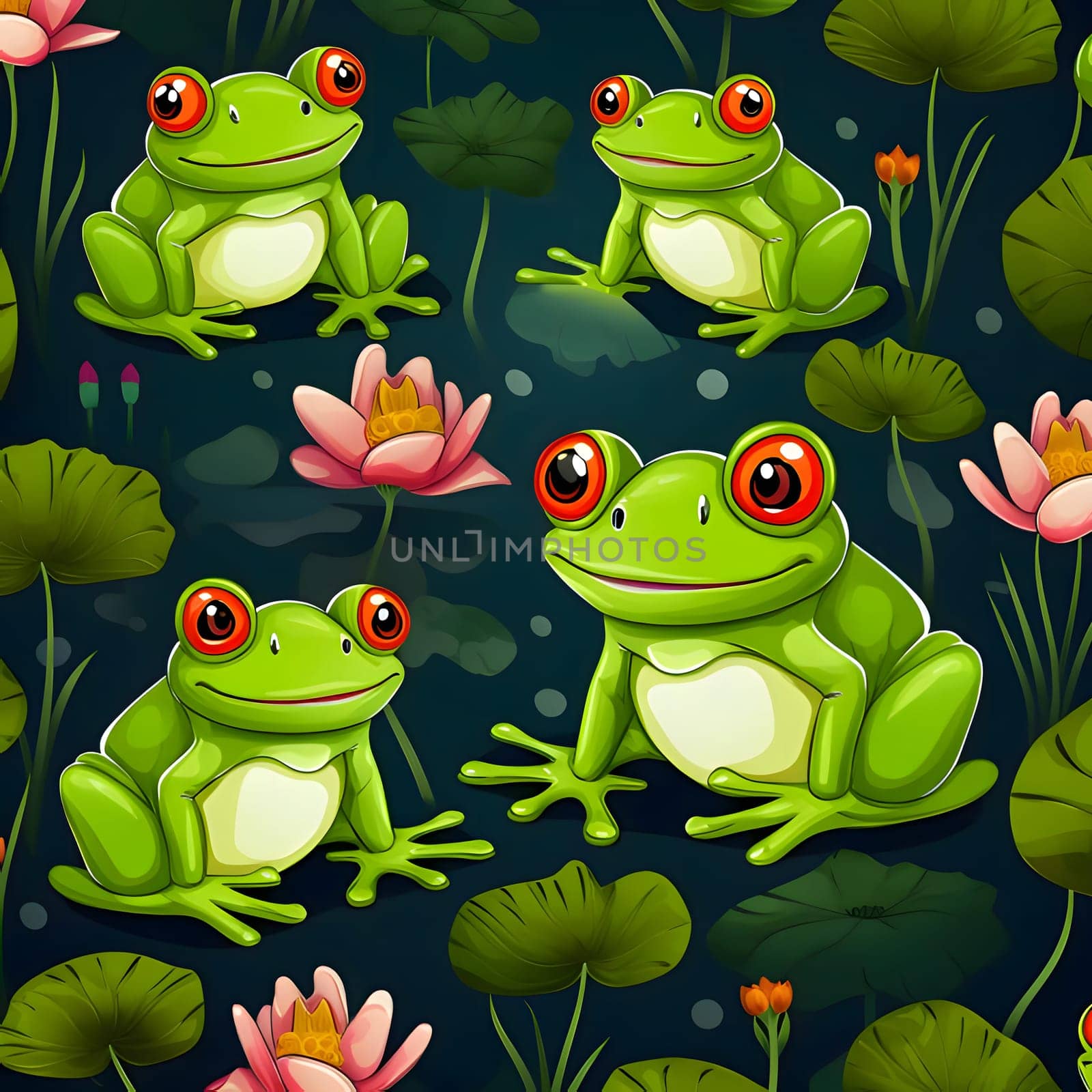 Seamless pattern with frogs and water lilies. Vector illustration by ThemesS