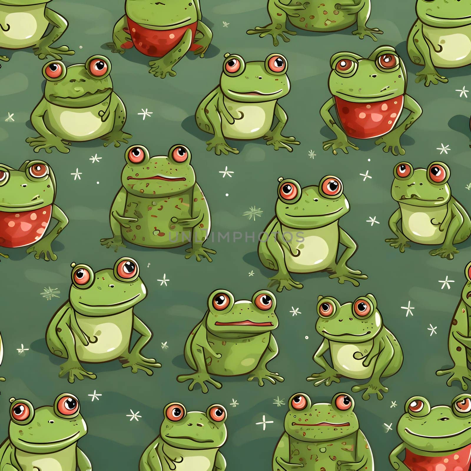 Seamless pattern with cute frogs on green background. Vector illustration by ThemesS