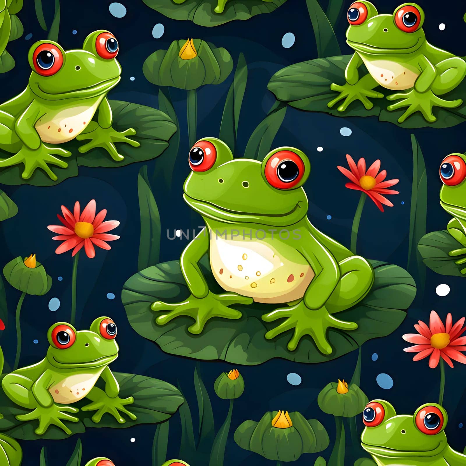 Seamless pattern with frogs on the pond. Vector illustration. by ThemesS