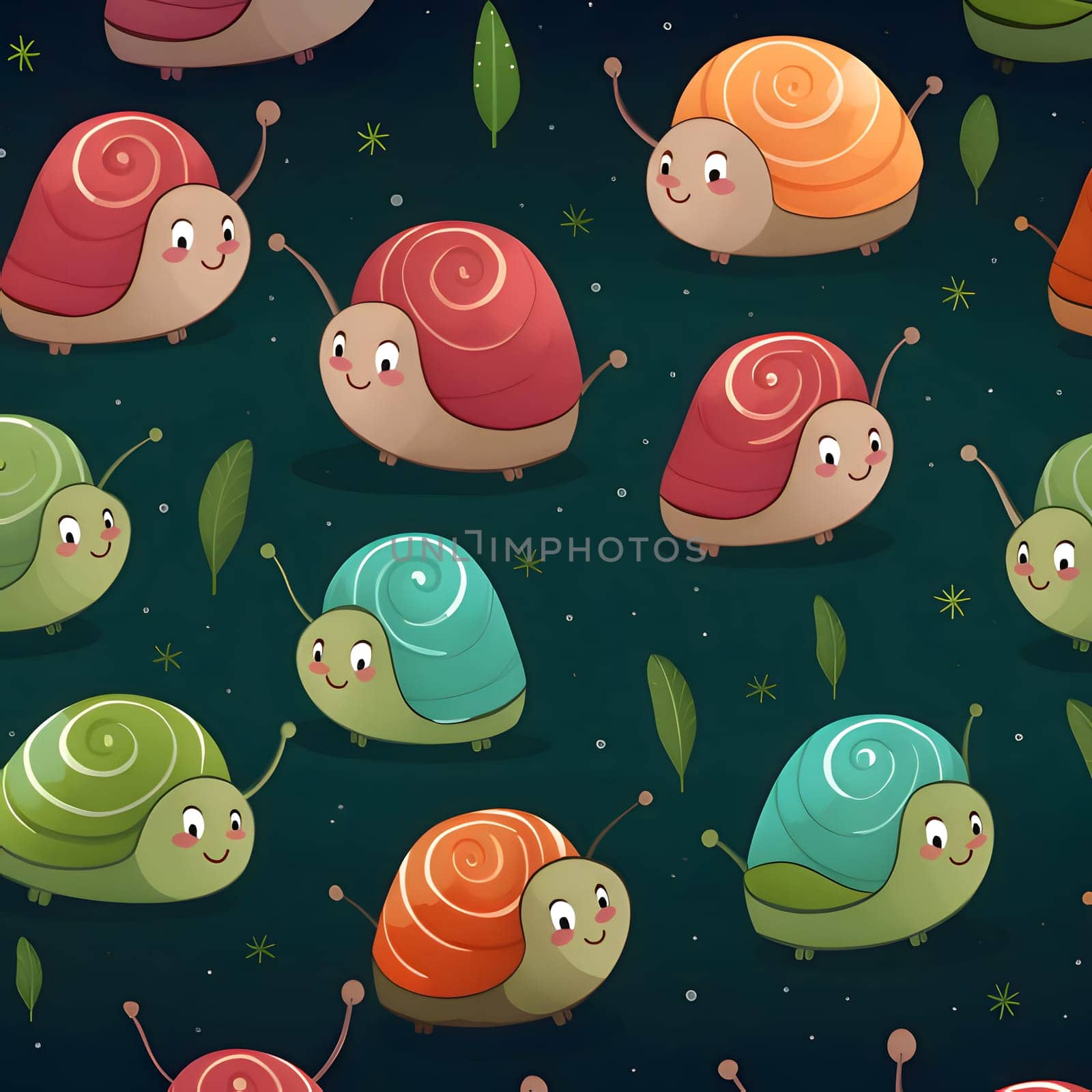 Patterns and banners backgrounds: Seamless pattern with cute snails on dark green background.