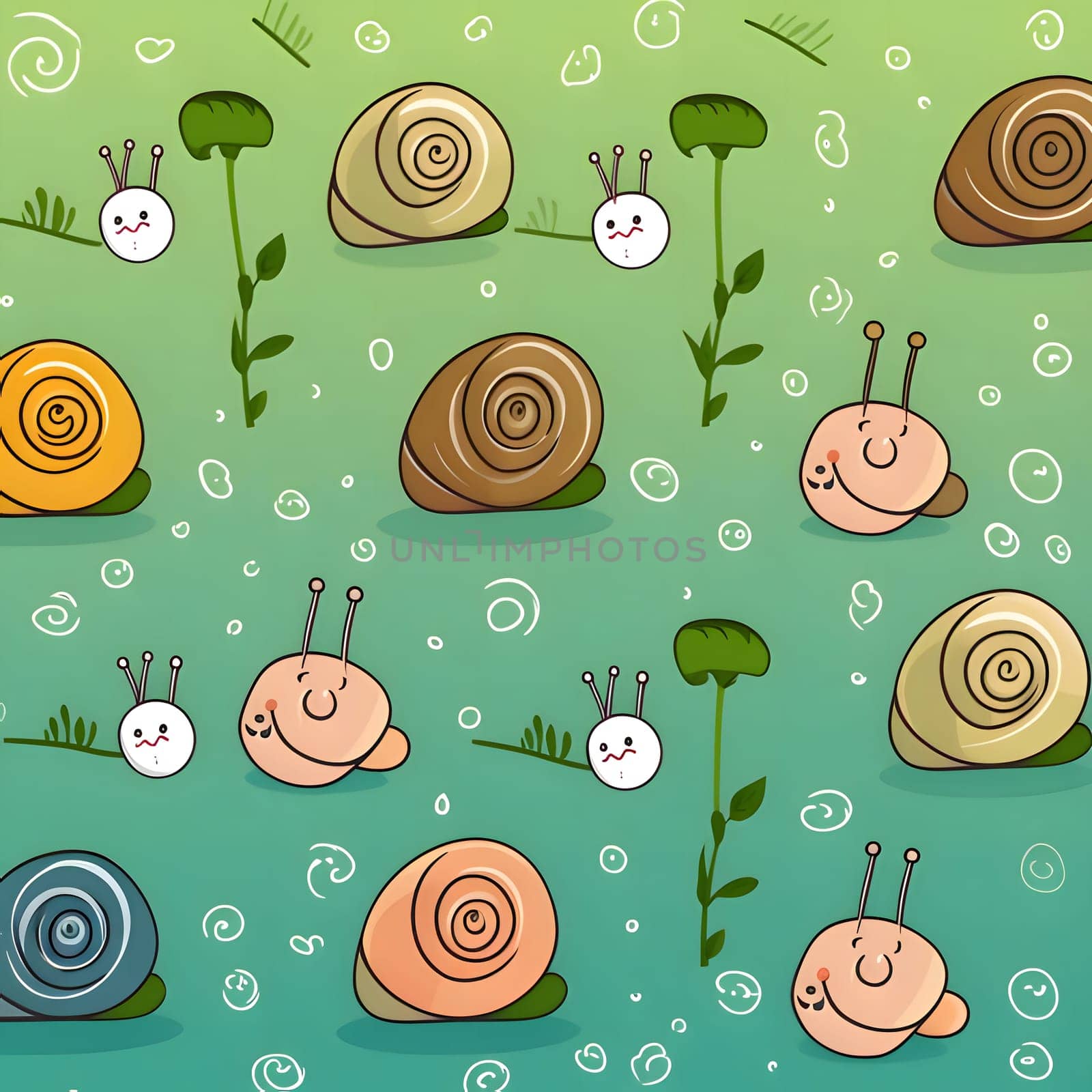 Patterns and banners backgrounds: Seamless pattern with cute cartoon snail on green background. Vector illustration.