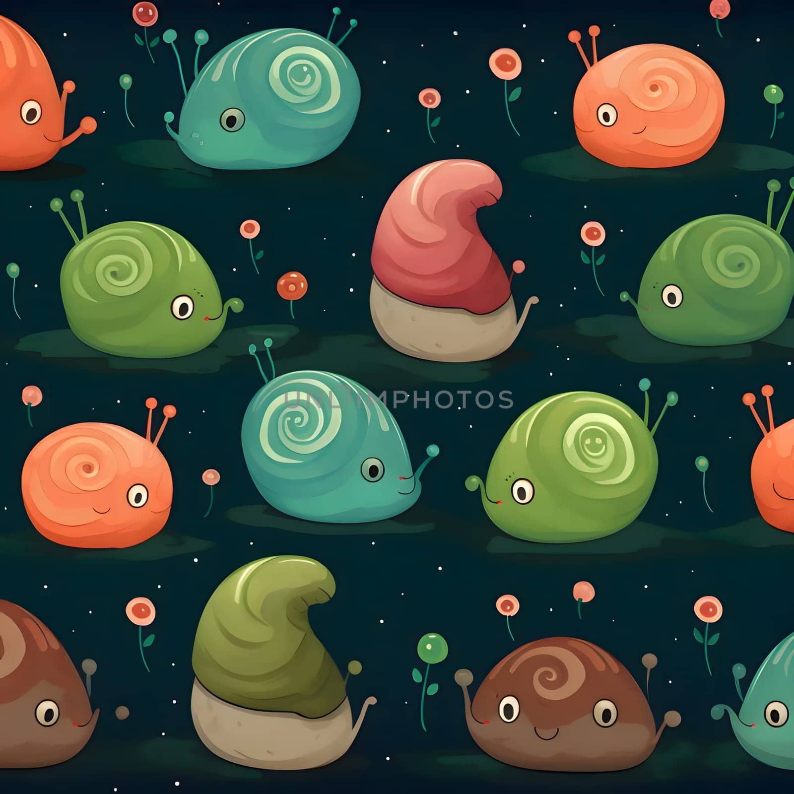 Patterns and banners backgrounds: Seamless pattern with cute snails on the dark background illustration
