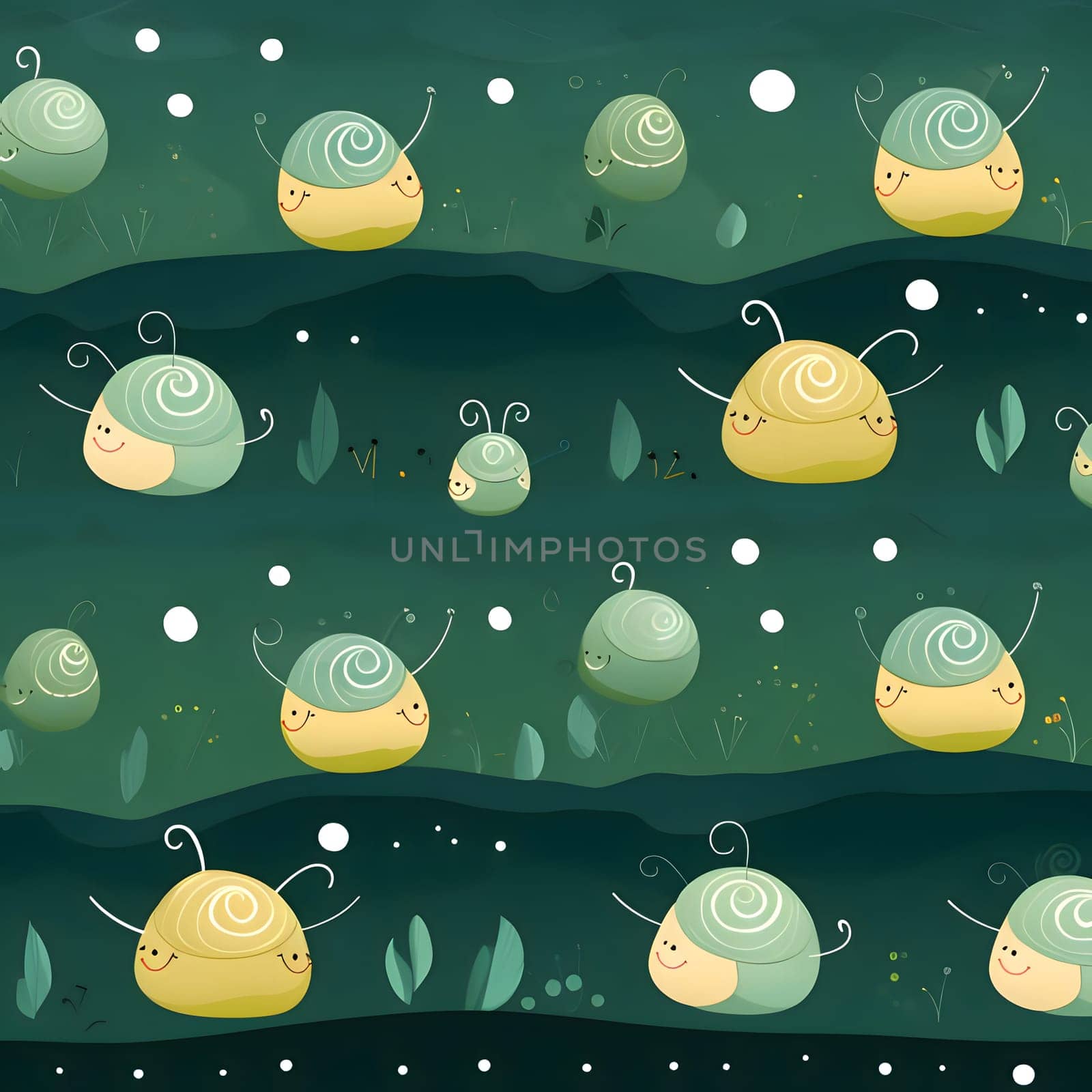 Seamless pattern with cute snails on dark green background. by ThemesS