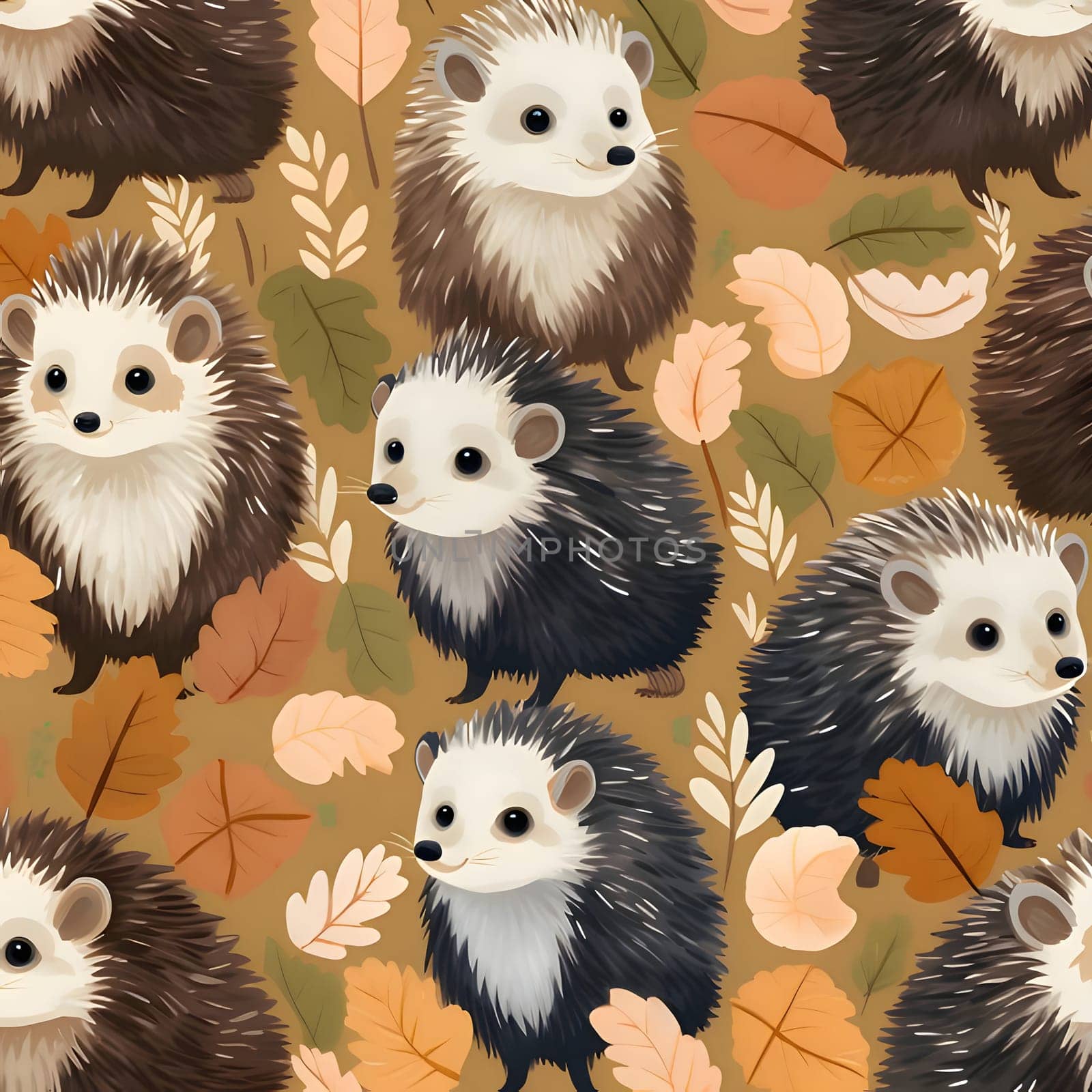 Seamless pattern with cute hedgehogs and autumn leaves. by ThemesS