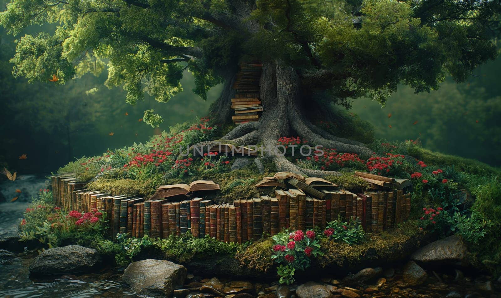 Tree with books on an abstract background. Selective focus.