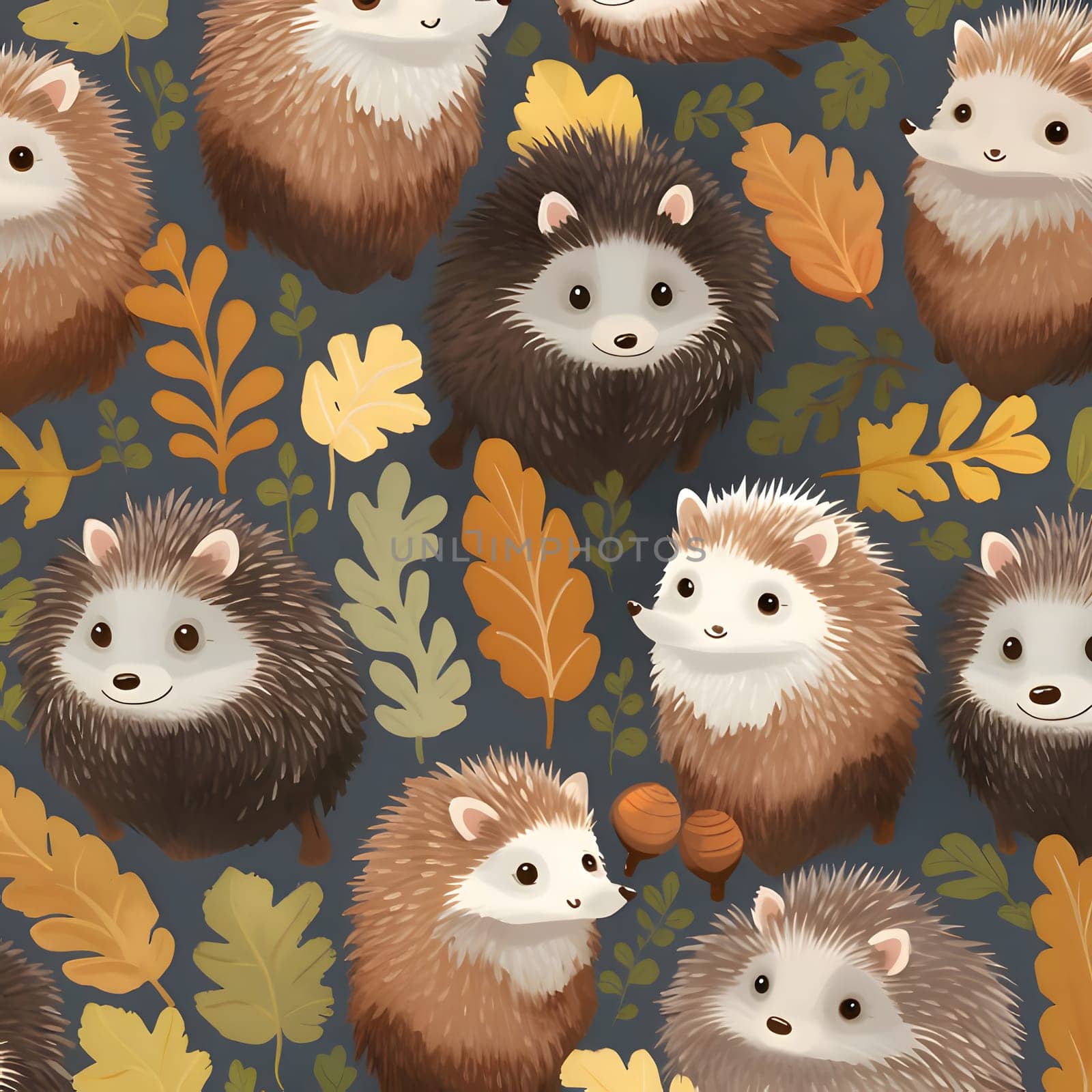 Seamless pattern with cute hedgehogs and autumn leaves. by ThemesS