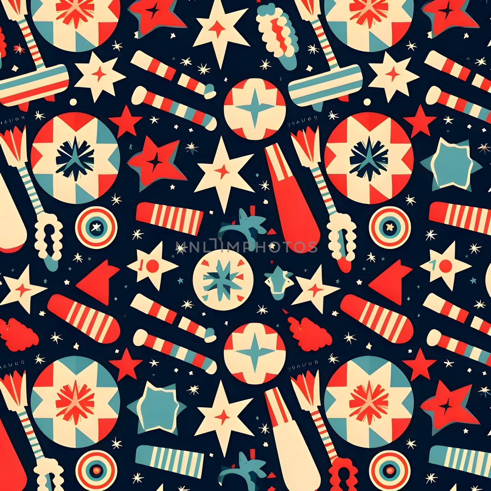 Seamless pattern with fireworks and stars on dark blue background. by ThemesS