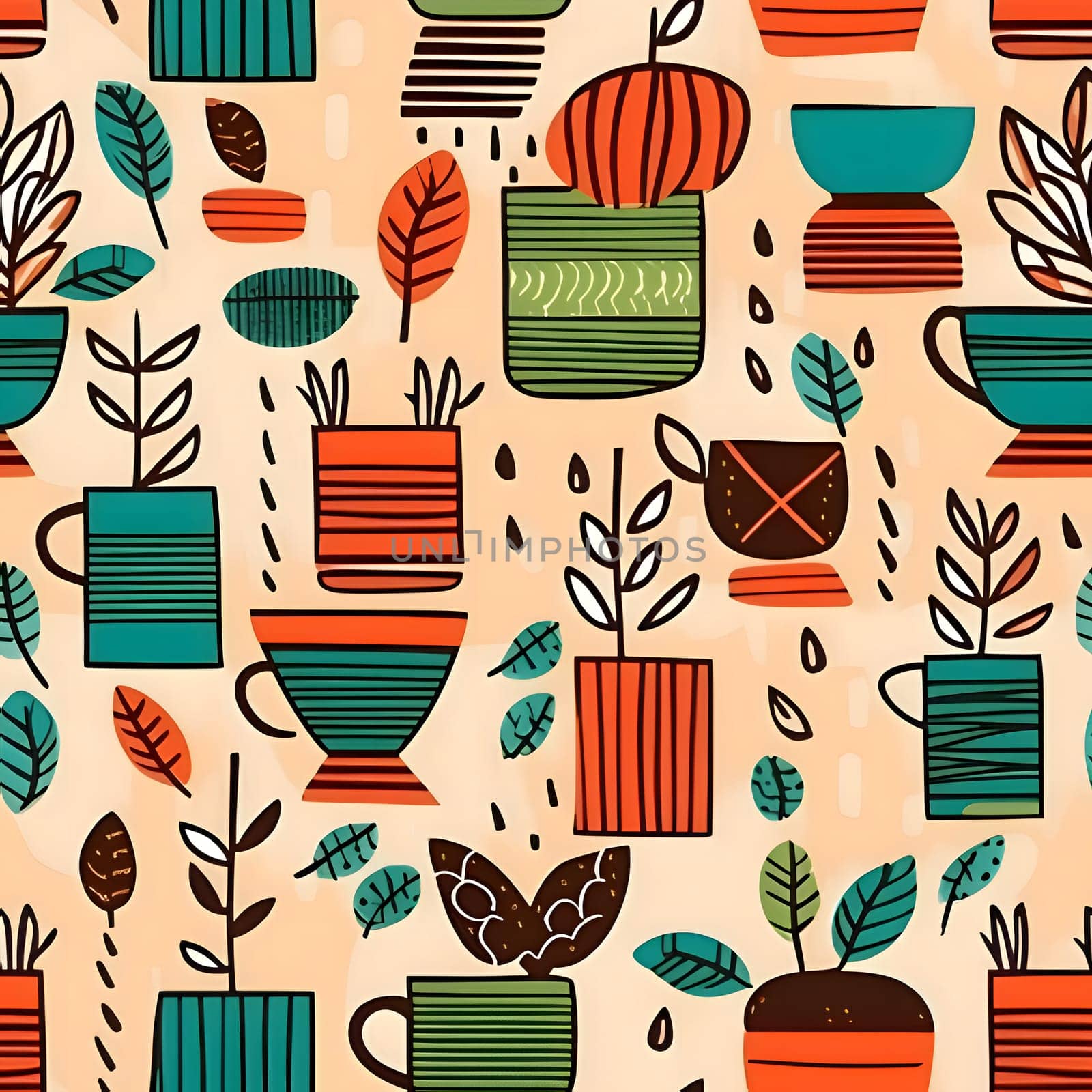 Seamless pattern with coffee cups and plants. Vector illustration. by ThemesS