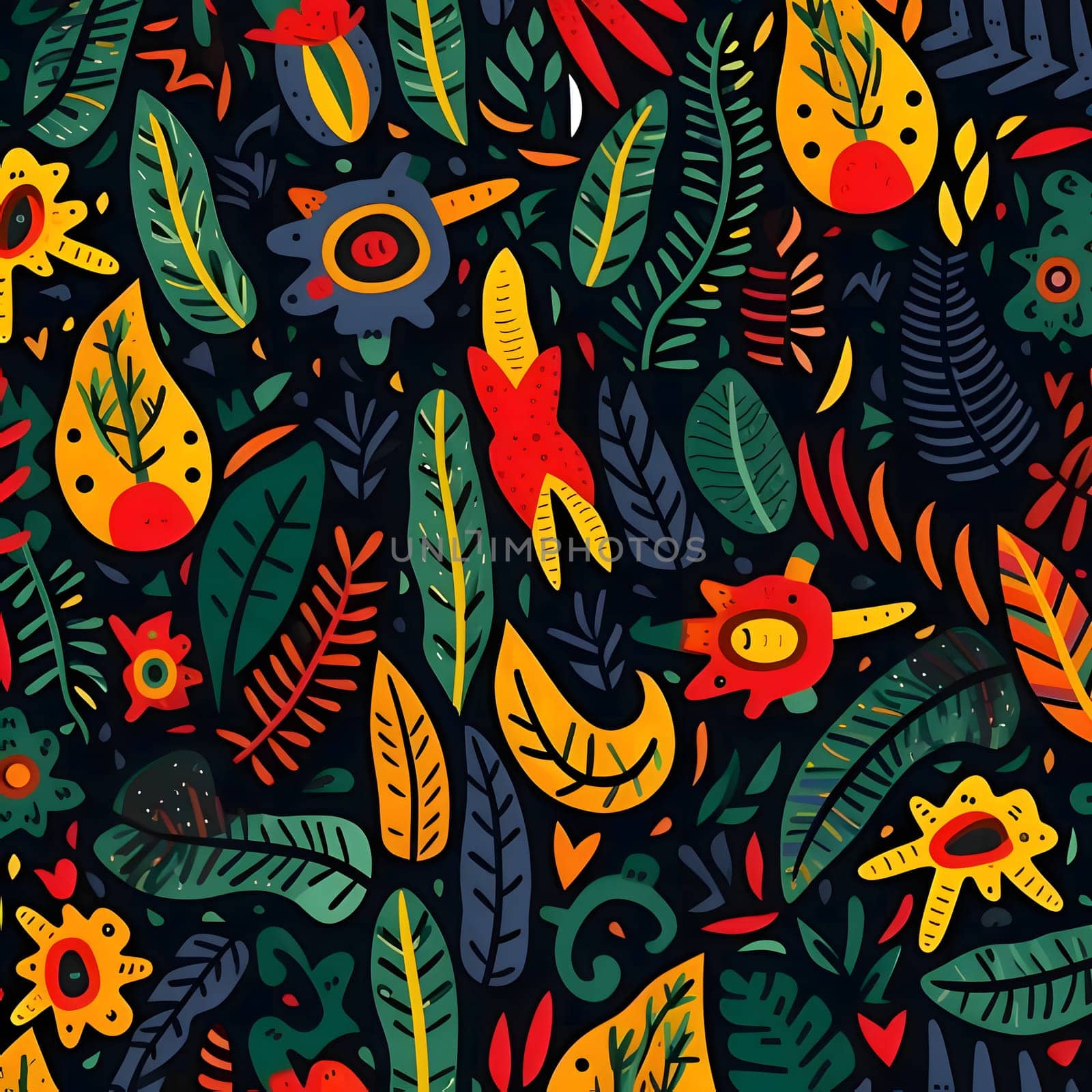Seamless pattern with tropical plants and flowers. Vector illustration. by ThemesS