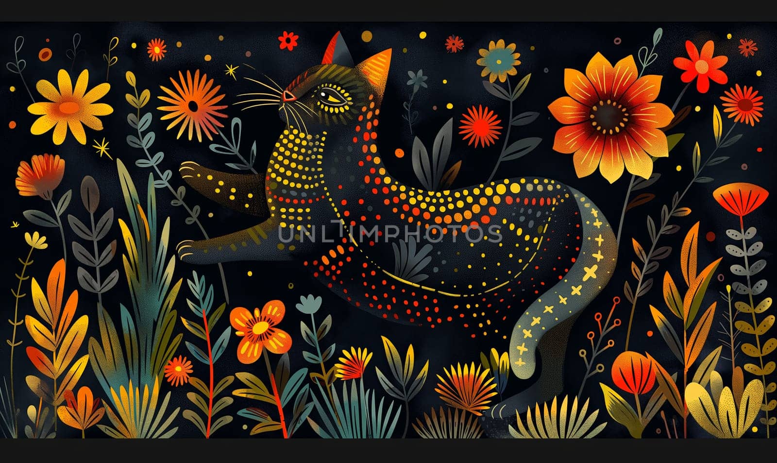 Illustration of a cat in flowers on a dark background. Selective focus.