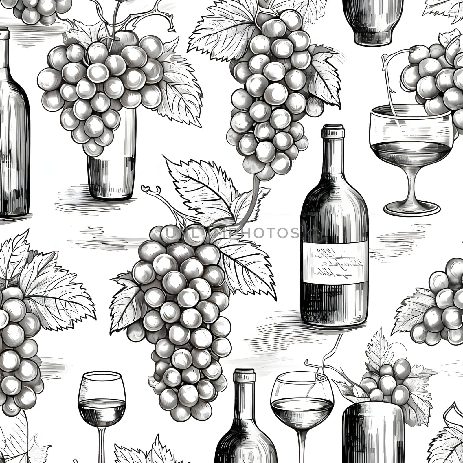 Seamless pattern with hand drawn grapes and wine bottles. Vector illustration. by ThemesS