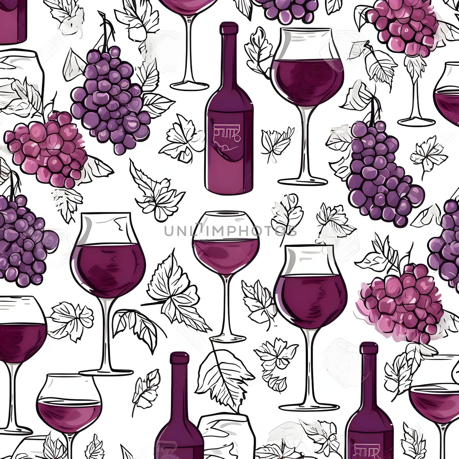 Seamless pattern with wine bottles, glasses, grapes and leaves. Vector illustration. by ThemesS