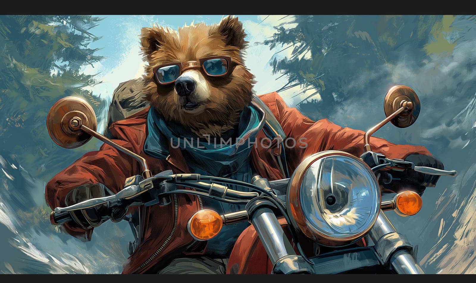 Children's illustration, a bear in sunglasses on a motorcycle. by Fischeron