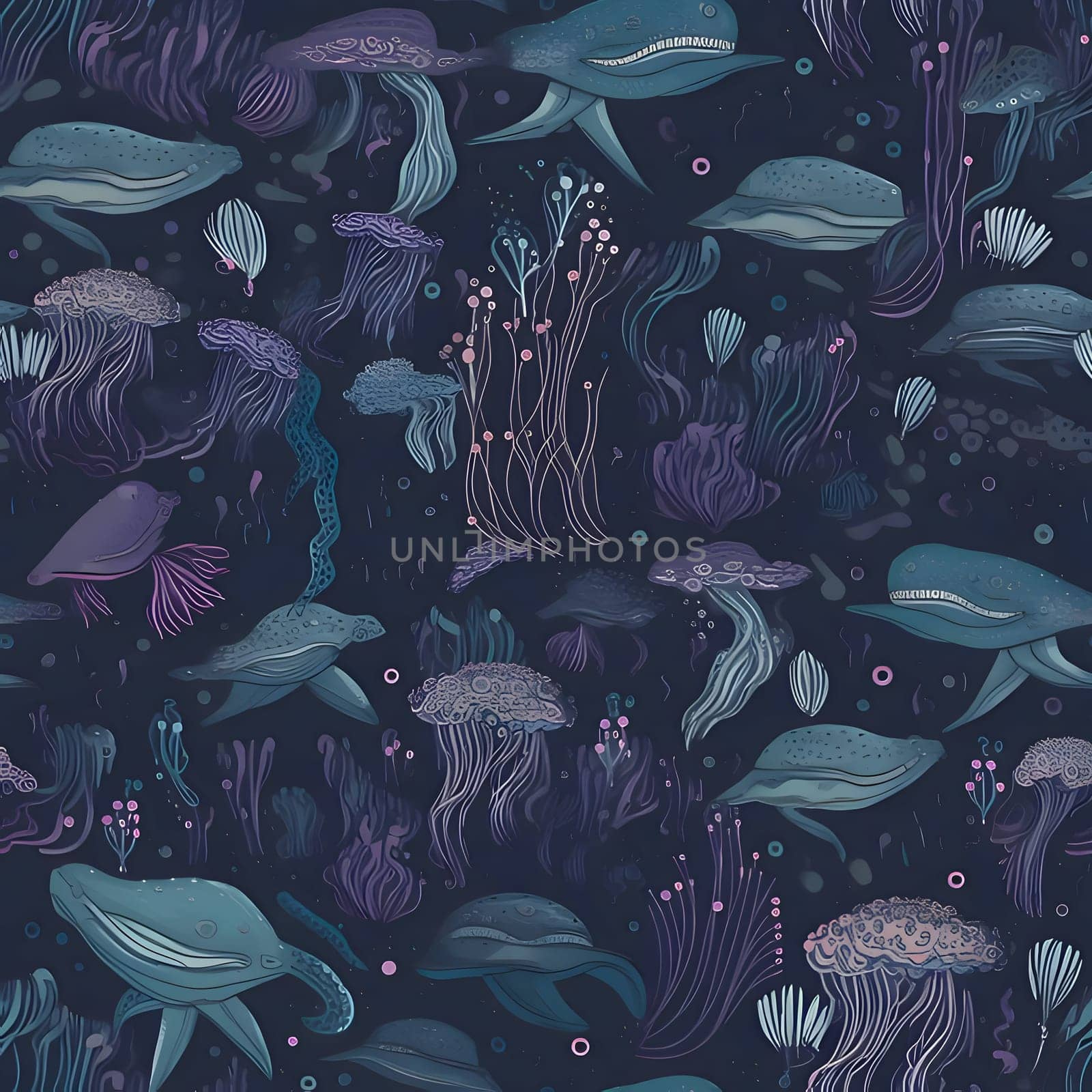 Patterns and banners backgrounds: Seamless pattern with whale, jellyfish and marine plants.