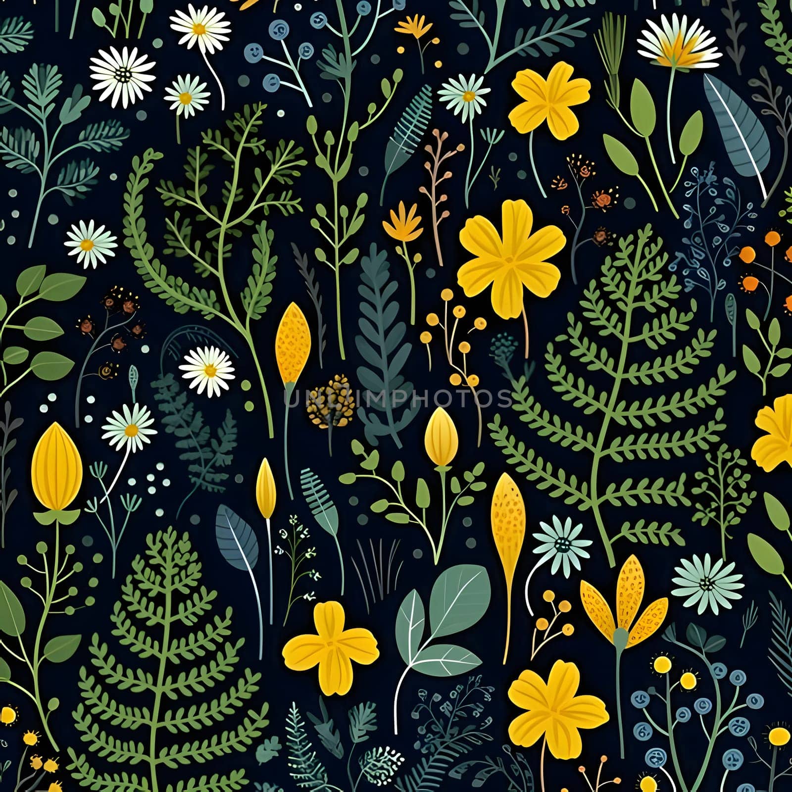 Seamless pattern with wildflowers and leaves. Vector illustration. by ThemesS