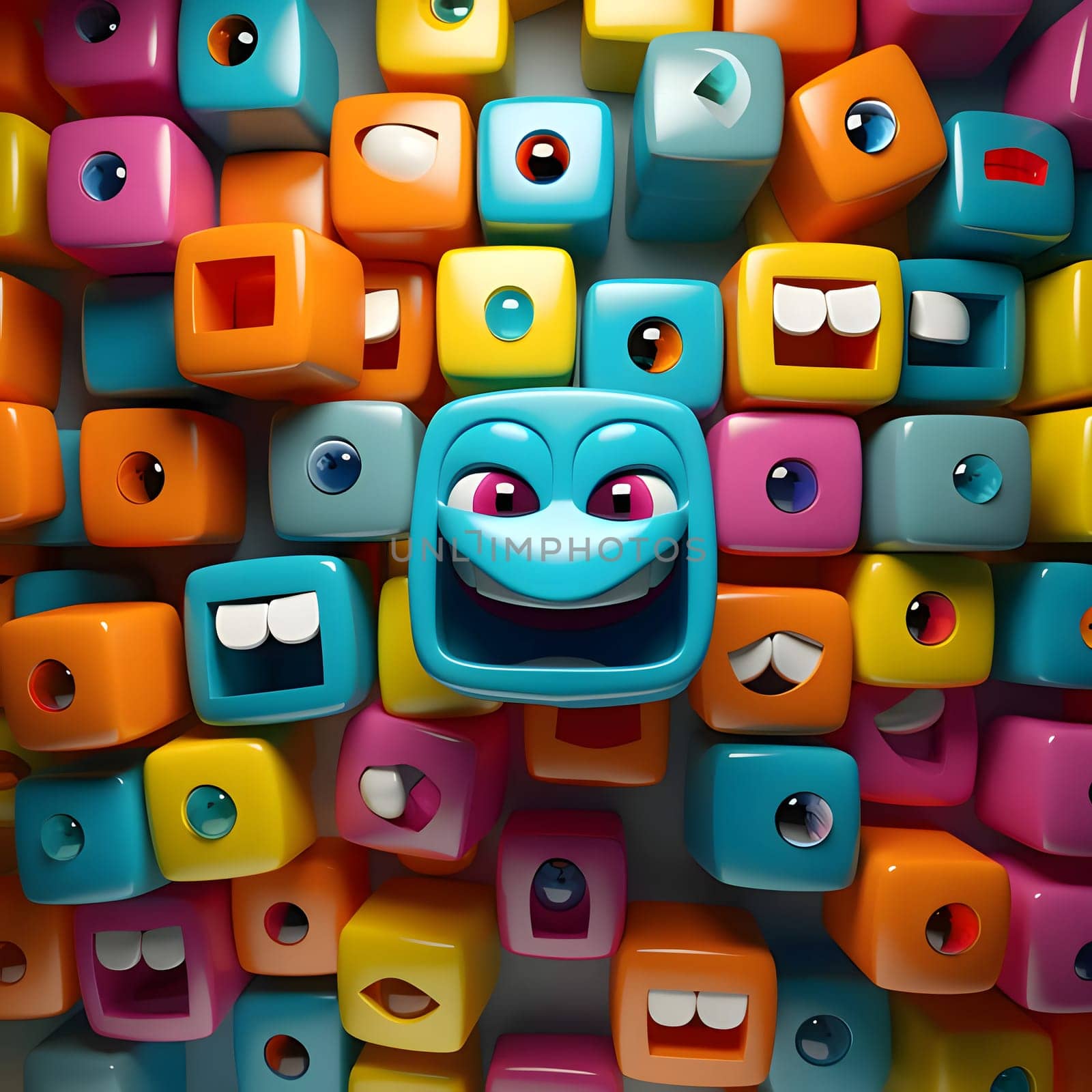 Patterns and banners backgrounds: Funny face made of colorful cubes. 3d render illustration.