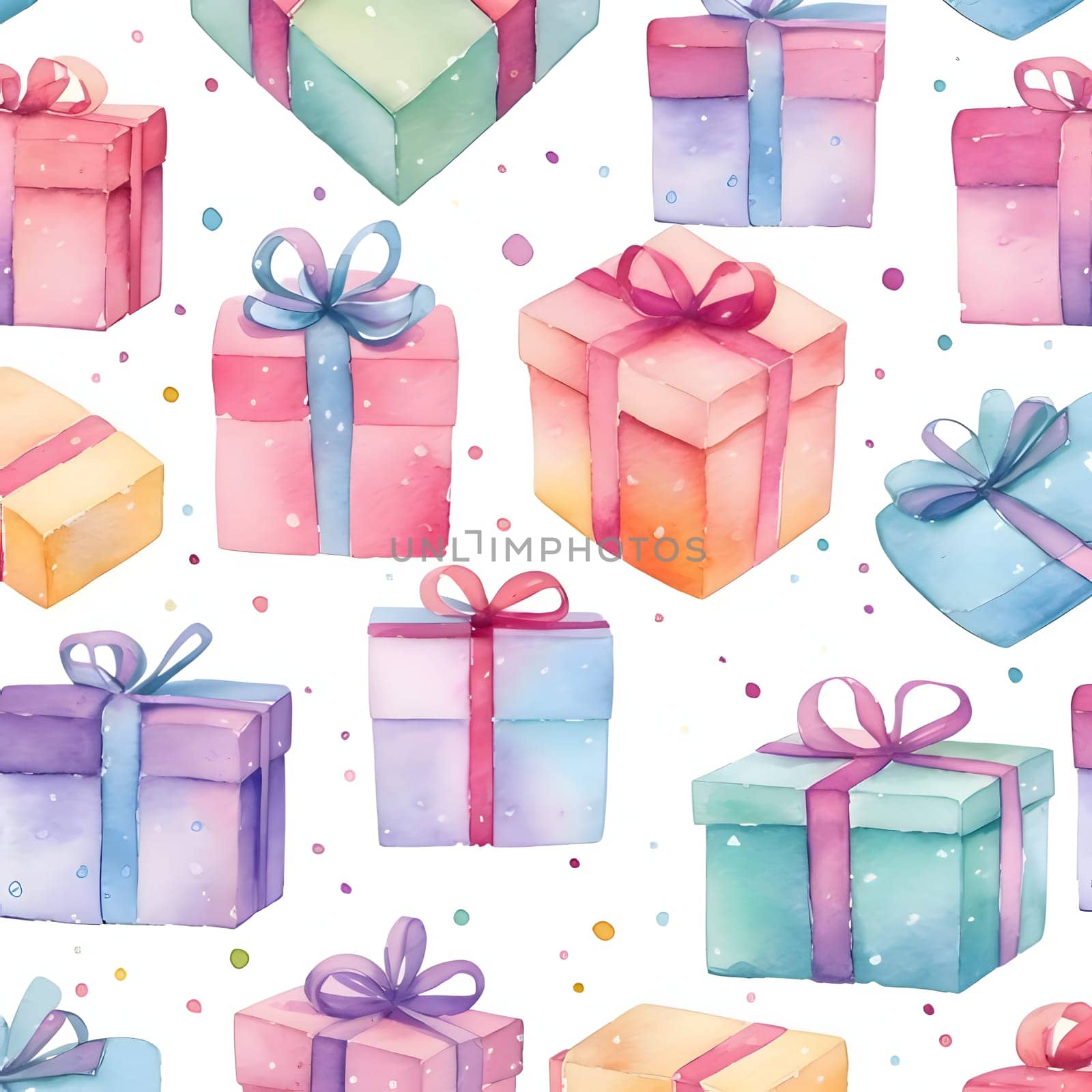 Patterns and banners backgrounds: Watercolor seamless pattern with colorful gift boxes. Hand painted illustration.