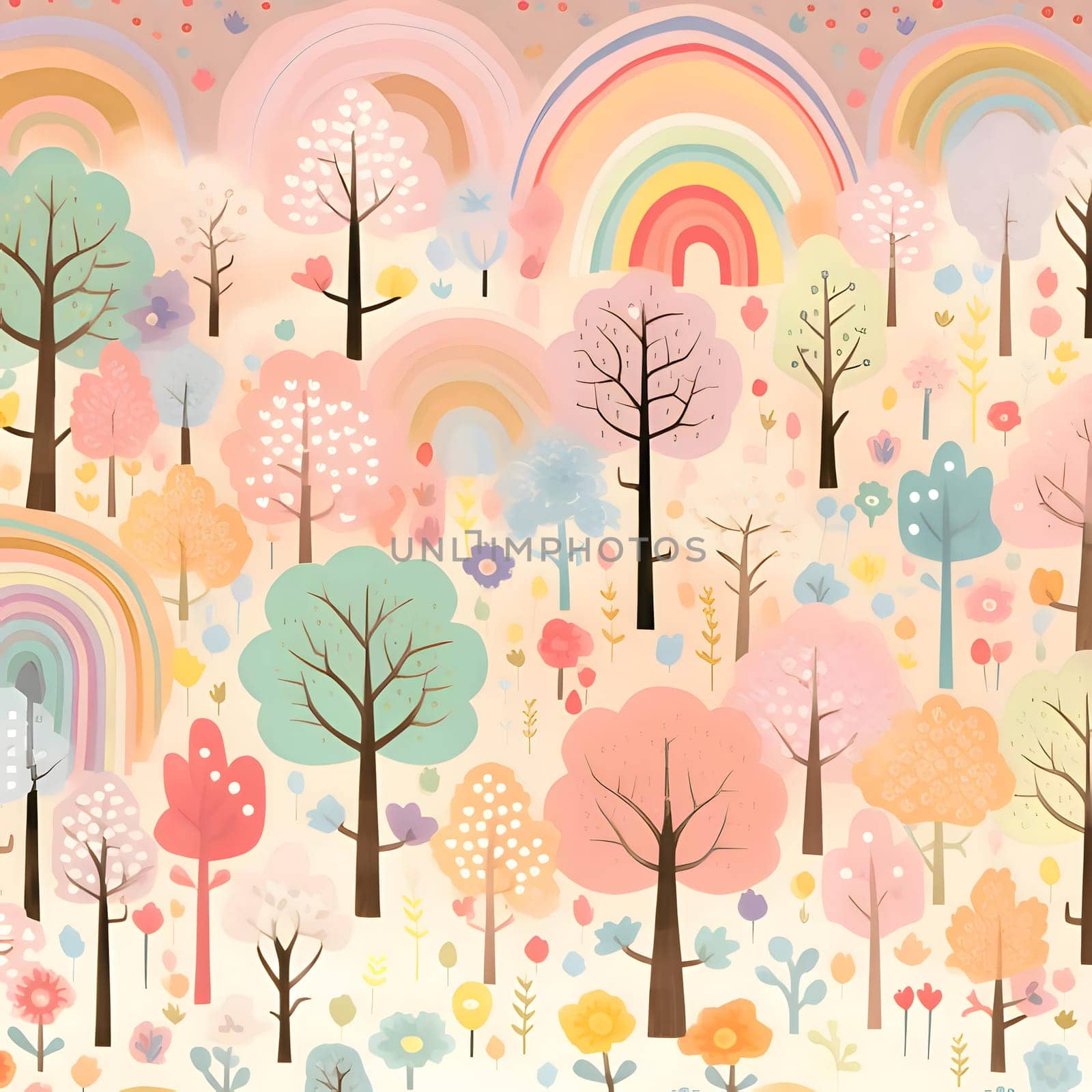 Seamless pattern with trees and rainbow in pastel colors. by ThemesS