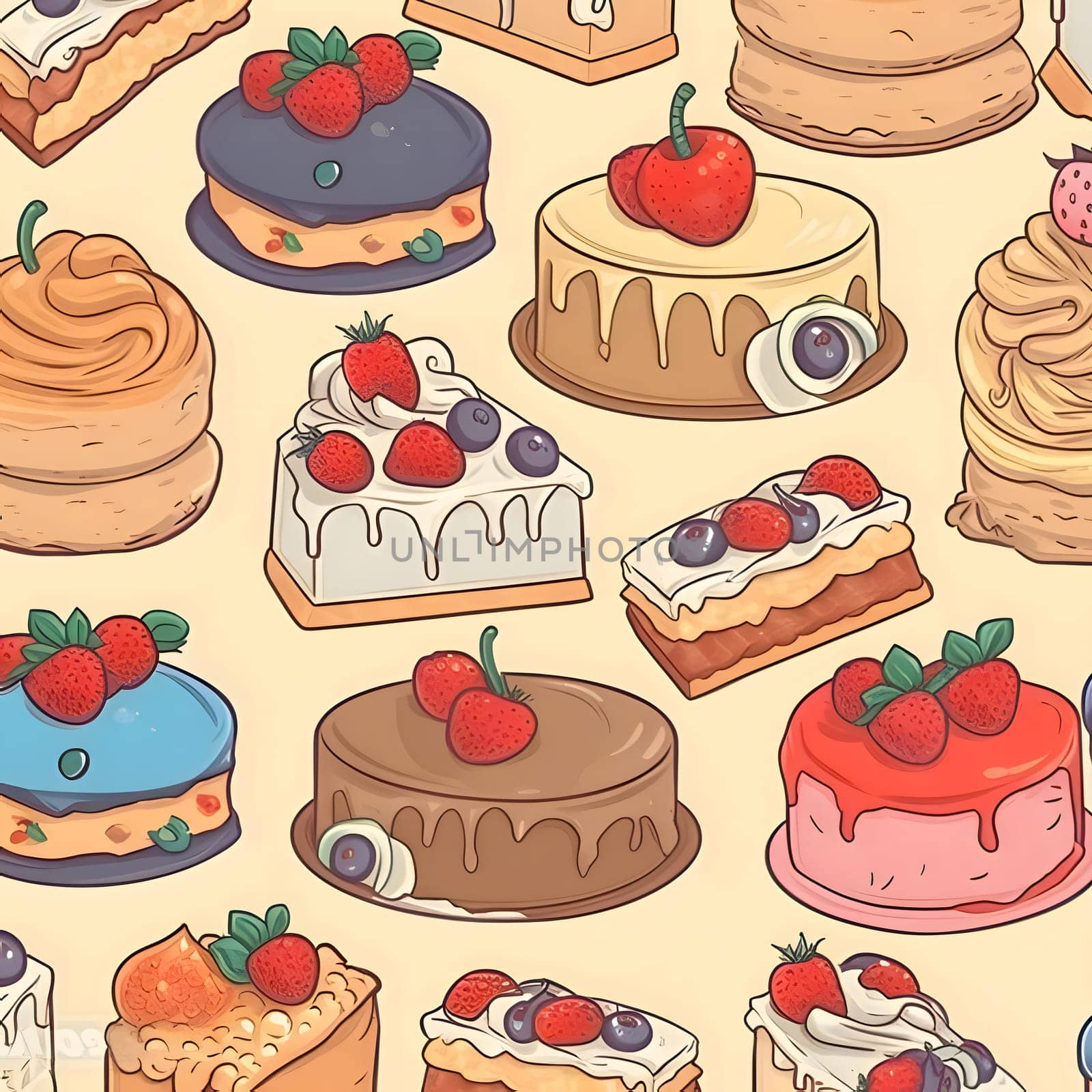 Seamless pattern with cakes and pastries. Vector illustration. by ThemesS