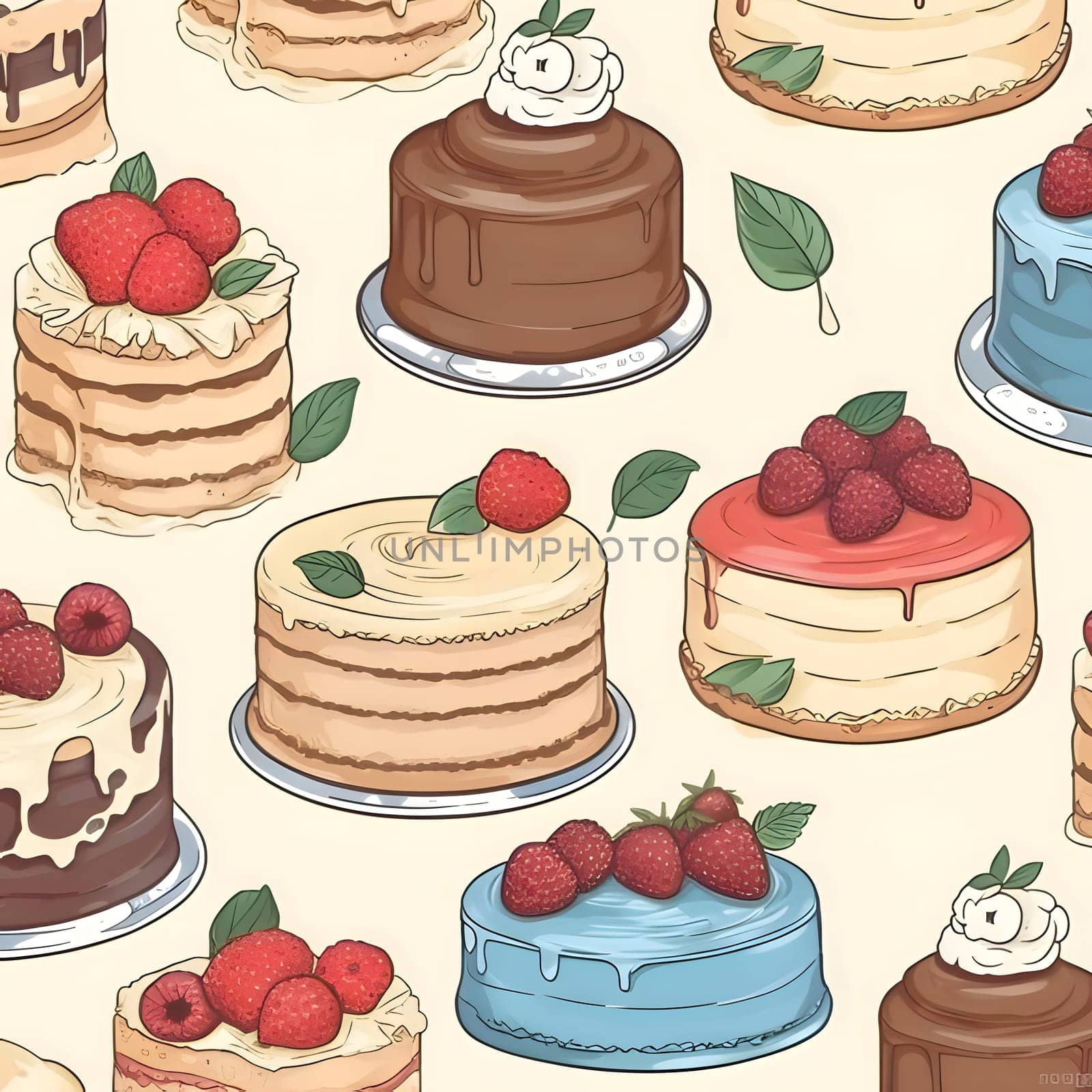 Seamless pattern with cakes and berries. Vector illustration in a sketch style. by ThemesS