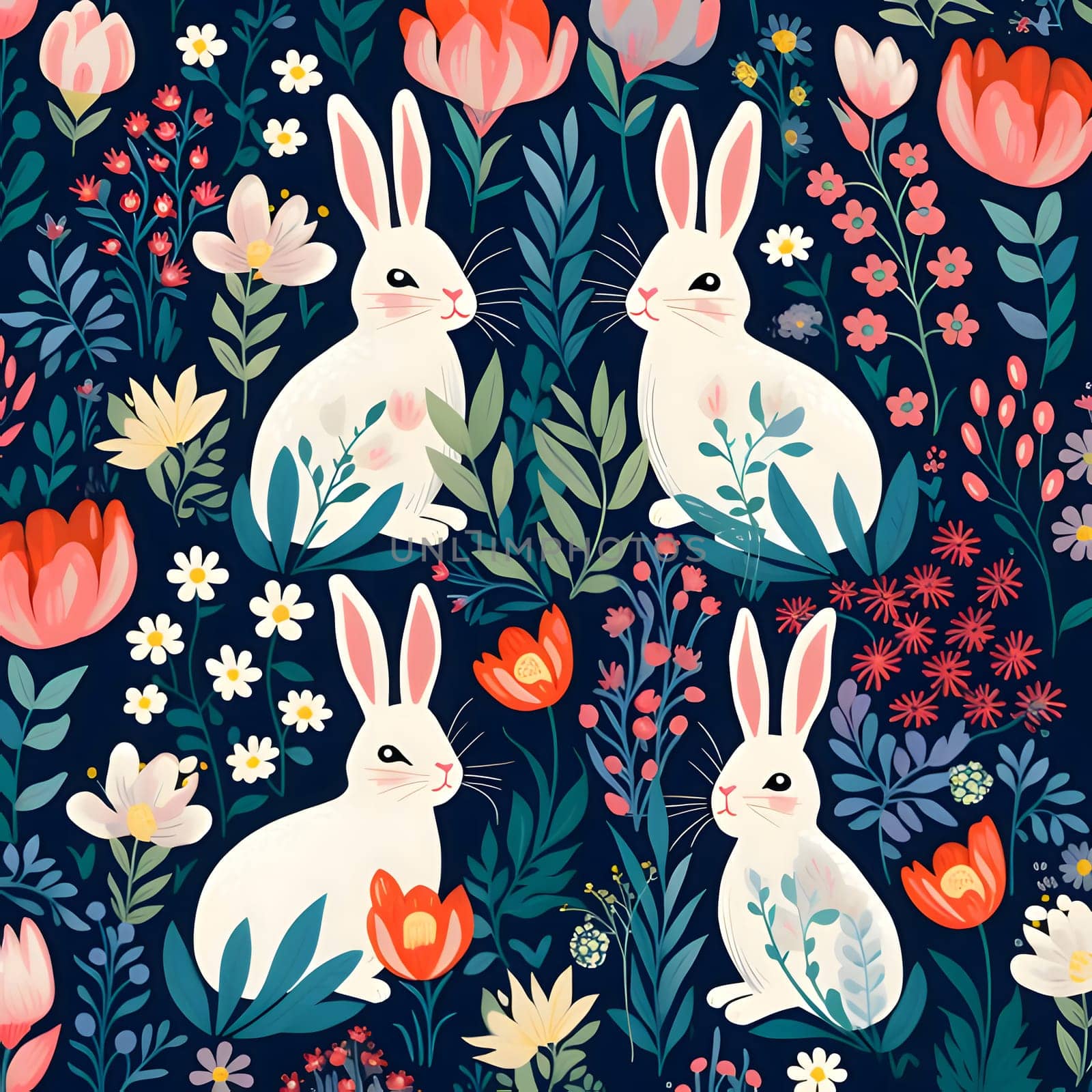 Seamless pattern with cute bunnies and flowers. Vector illustration. by ThemesS
