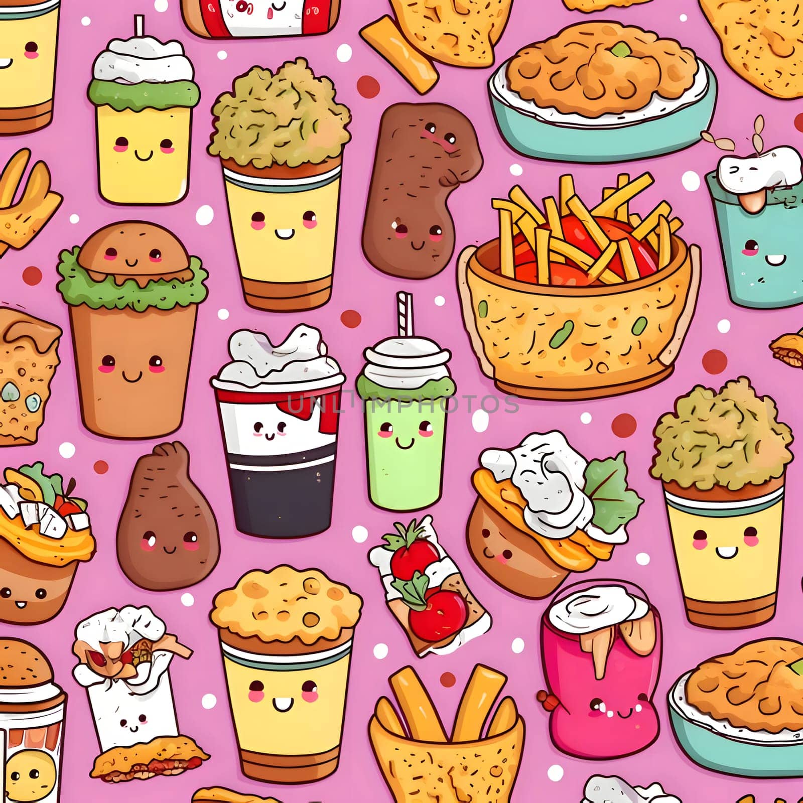Seamless pattern with kawaii fast food. Vector illustration by ThemesS