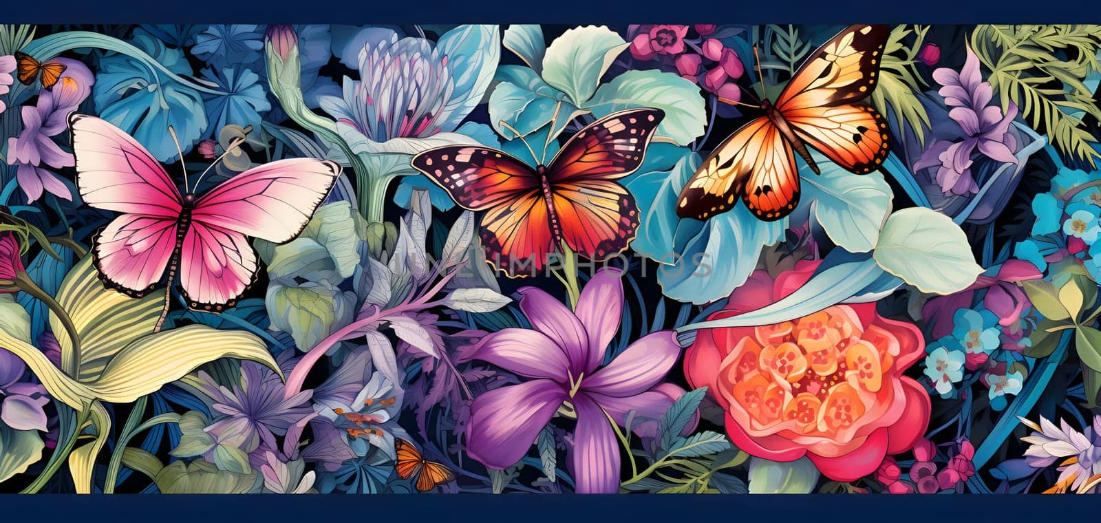 Patterns and banners backgrounds: Seamless floral border with flowers and butterflies. Vector illustration.