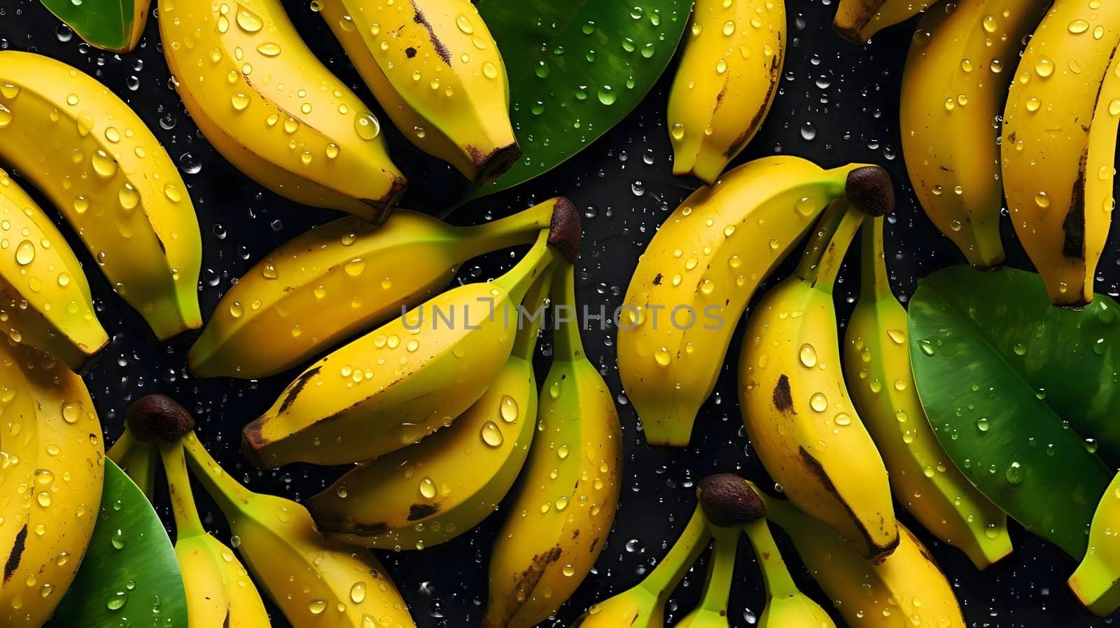 Bunch of ripe bananas with water drops on black background. Top view. by ThemesS