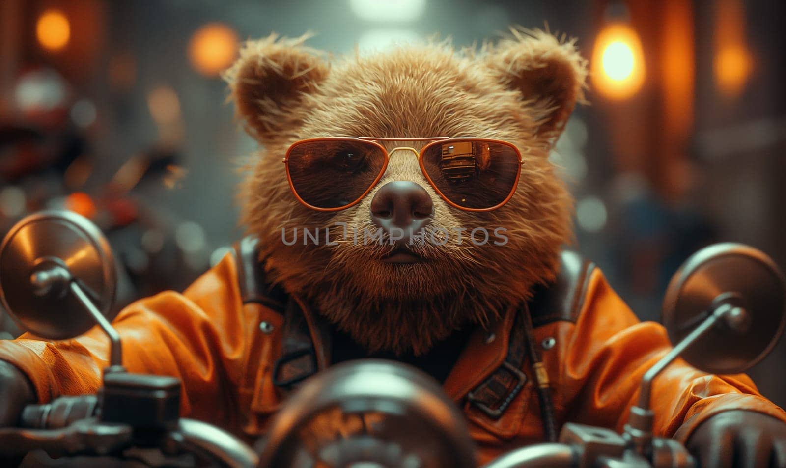 Children's illustration, a bear in sunglasses on a motorcycle. Selective soft focus.