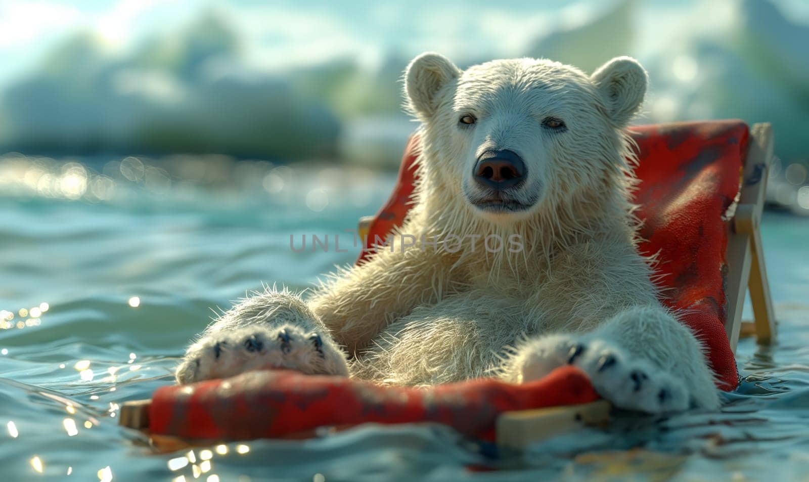 Children's illustration, a polar bear sunbathing on a sunbed. Selective soft focus.