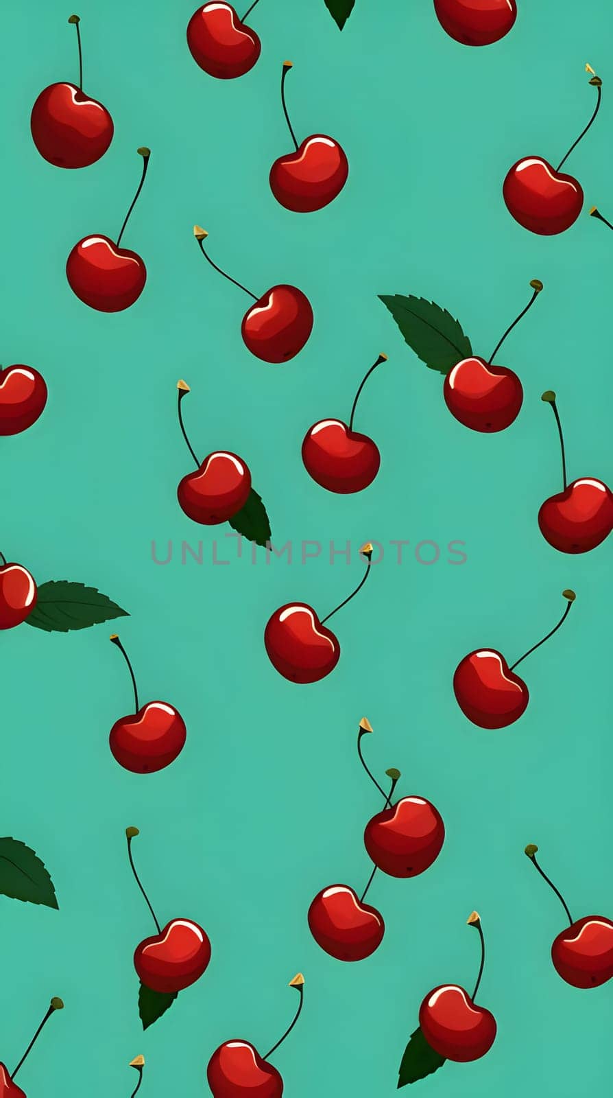 Seamless pattern of red cherries on a green background. by ThemesS