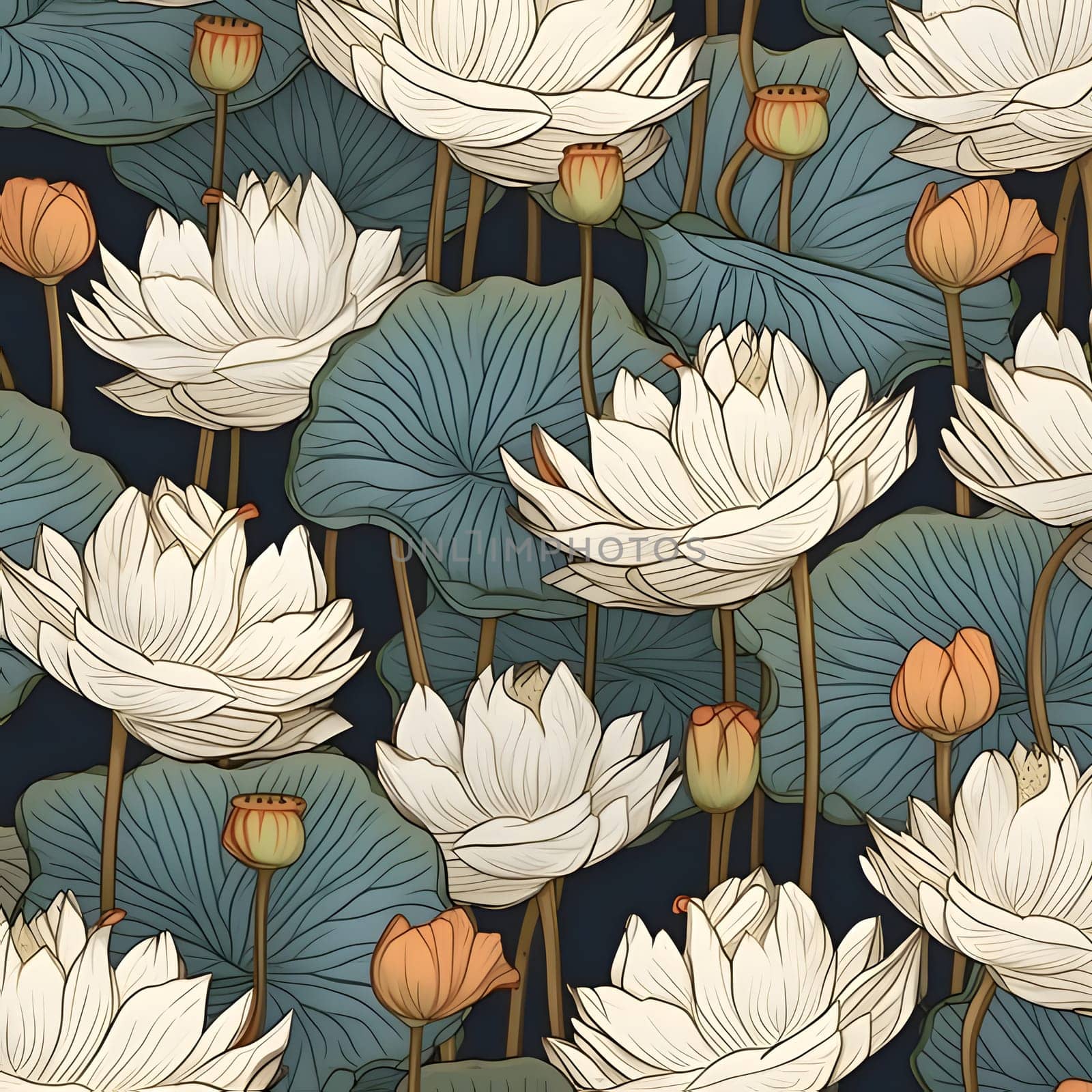 Patterns and banners backgrounds: Seamless pattern with lotus flowers. Hand drawn vector illustration.