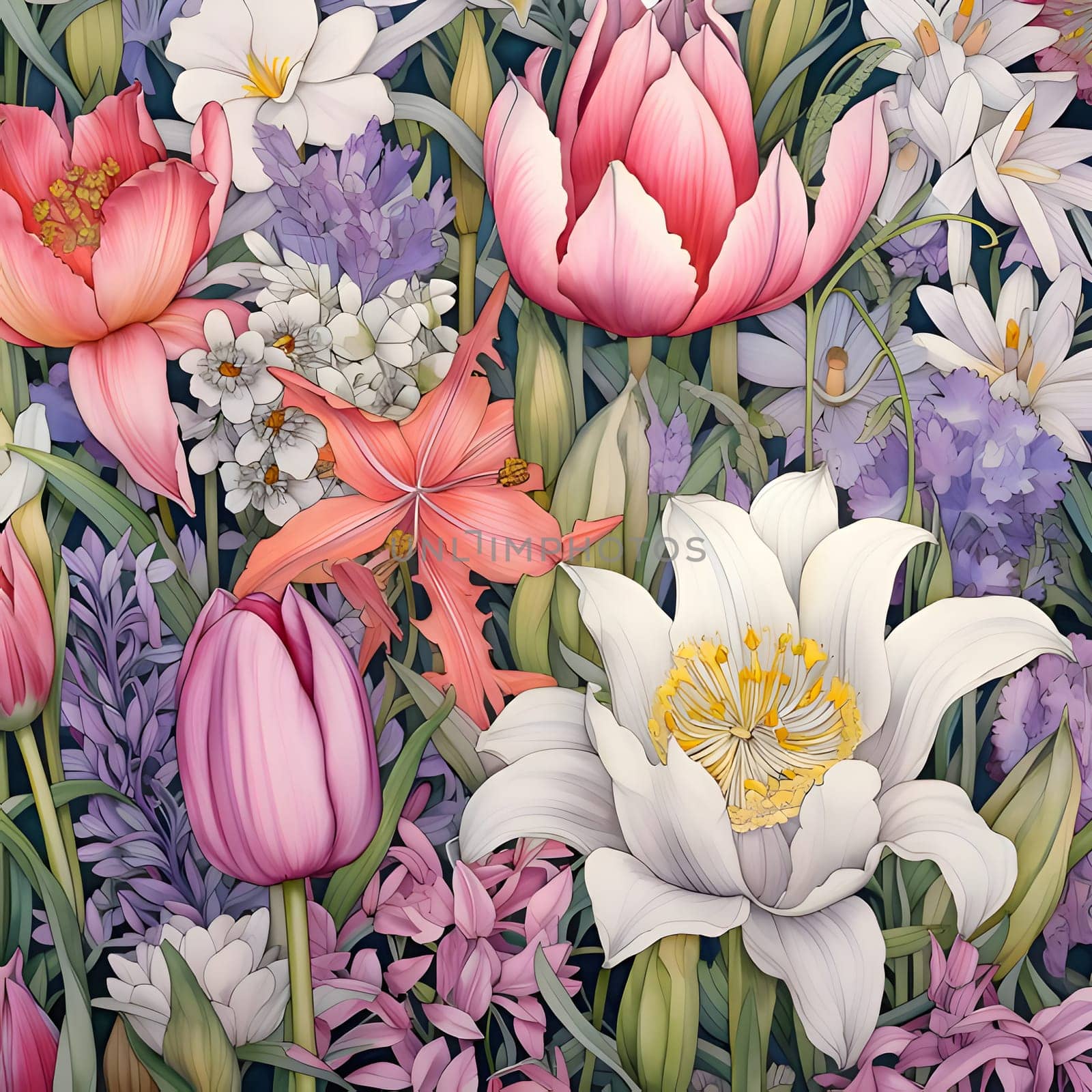Seamless pattern with spring flowers. Lily, crocus, tulip, hyacinth. by ThemesS