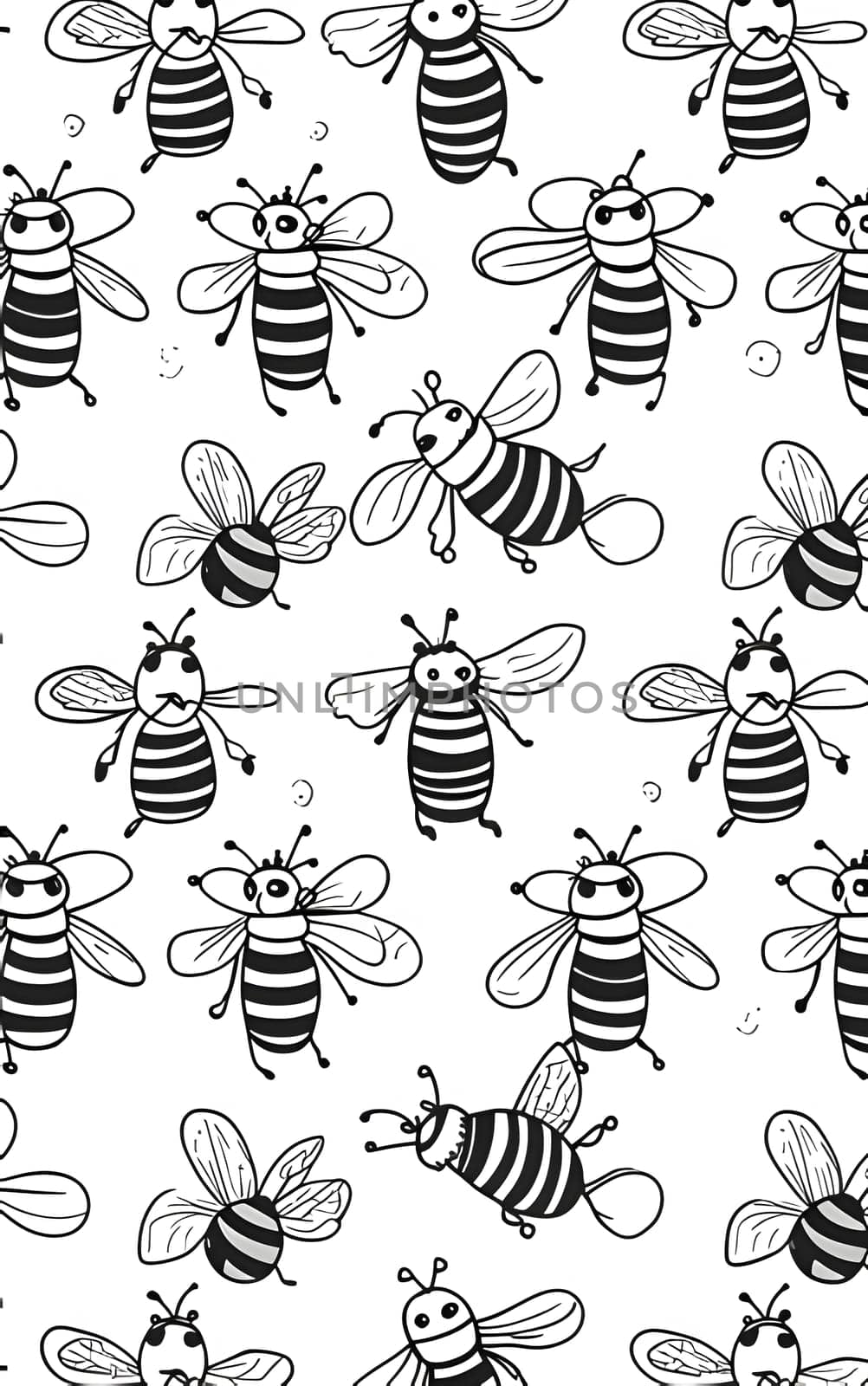 Patterns and banners backgrounds: Seamless pattern with cute cartoon bees. Black and white vector illustration.