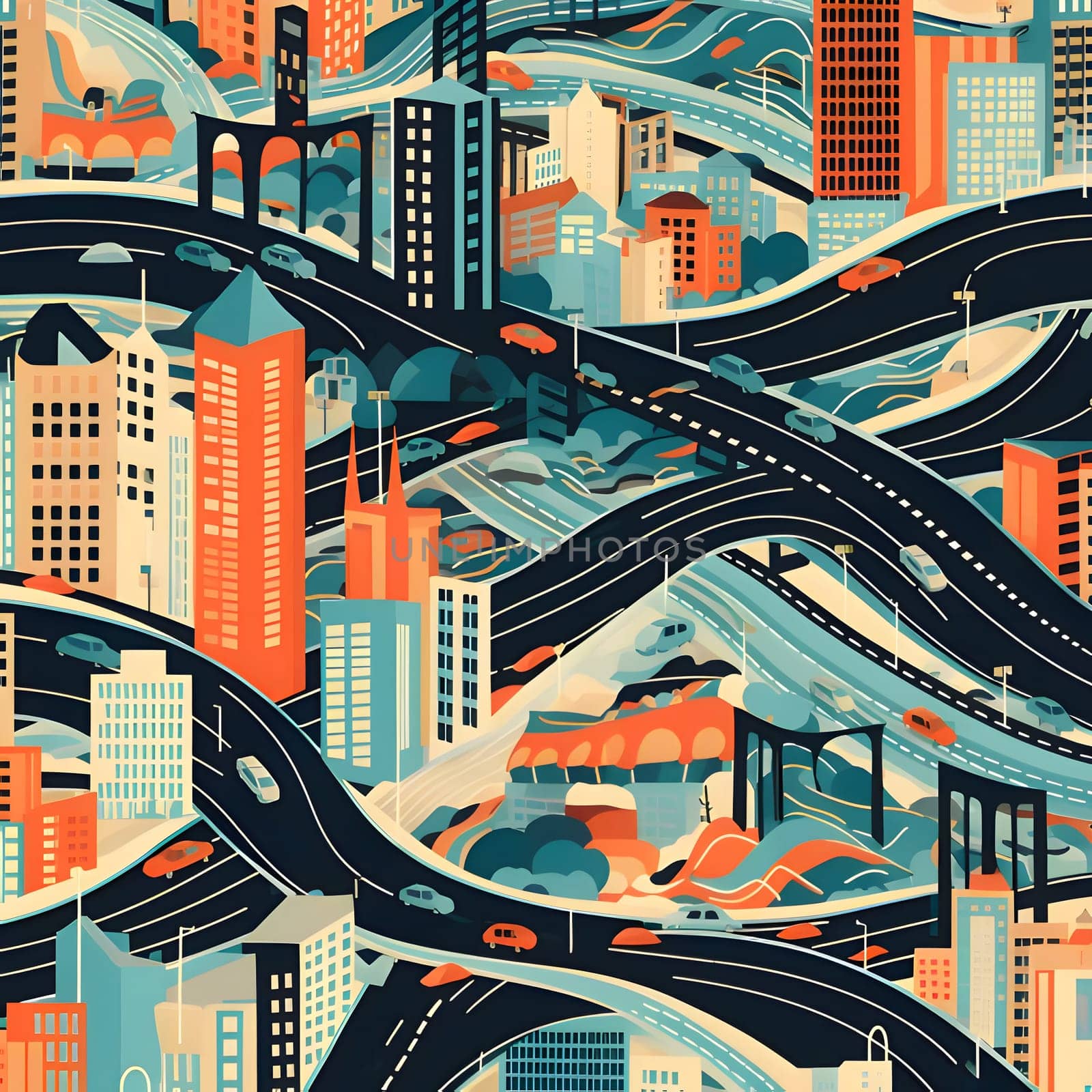 Seamless pattern with cityscape and road. Vector illustration. by ThemesS