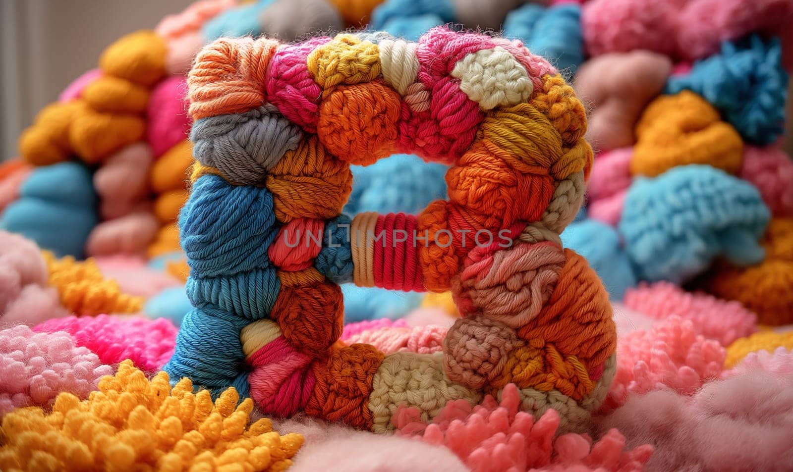 Knitted colored letter B on an abstract background. Selective focus.