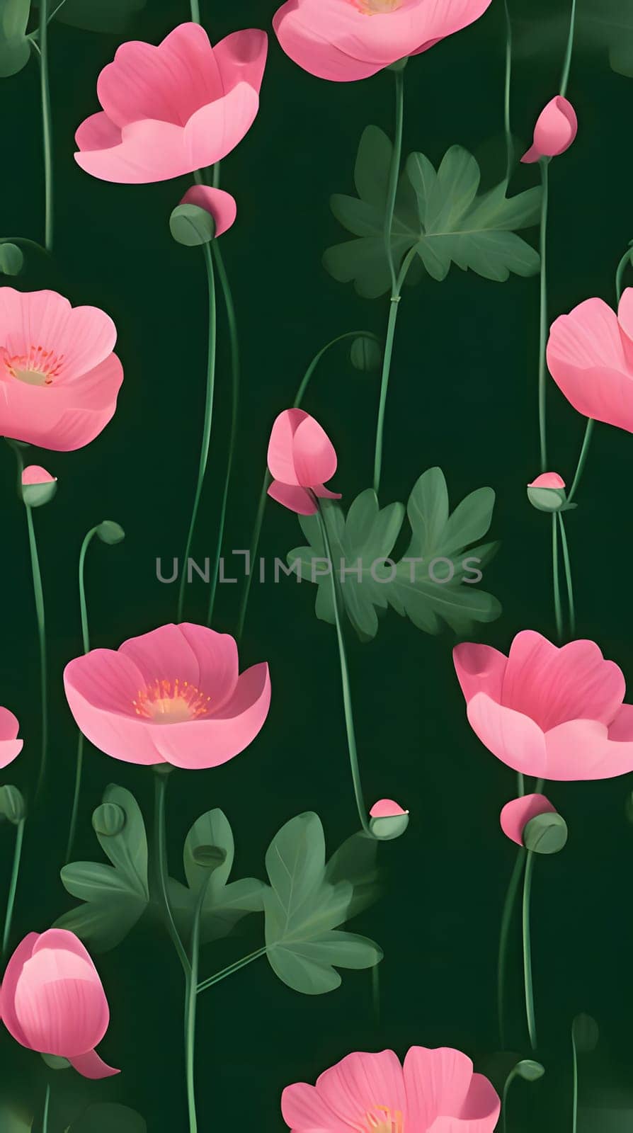 Seamless pattern with pink poppies on dark green background by ThemesS