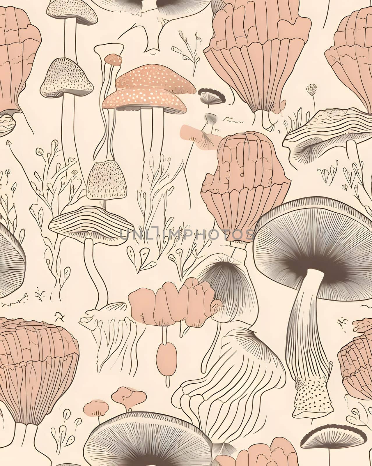 Seamless pattern with hand drawn mushrooms. Vector illustration in retro style. by ThemesS