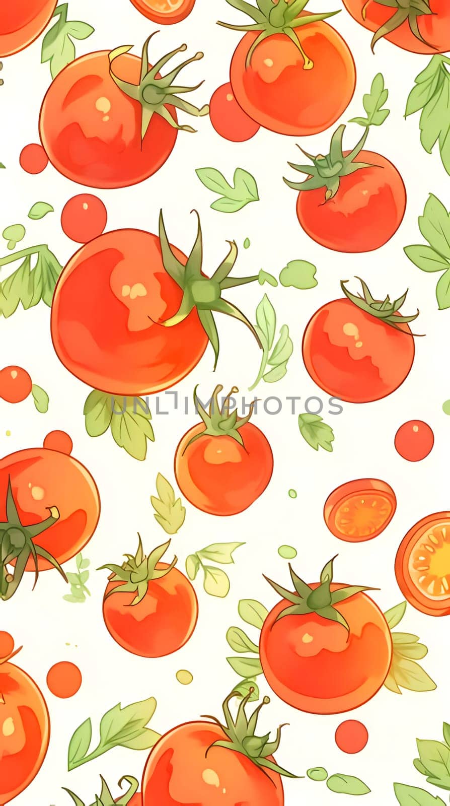 Seamless pattern with tomatoes and basil. Vector illustration for your design by ThemesS