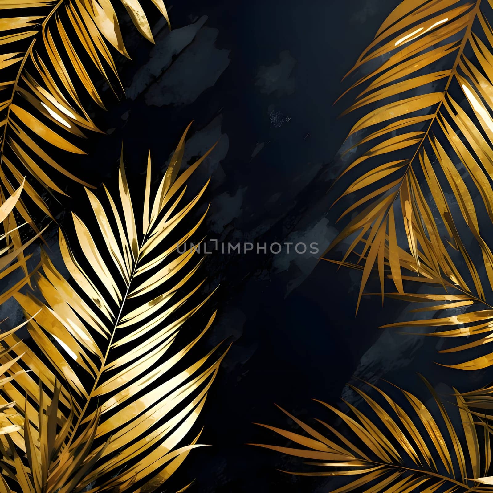 Patterns and banners backgrounds: Tropical gold palm leaves on black marble background. Vector illustration.